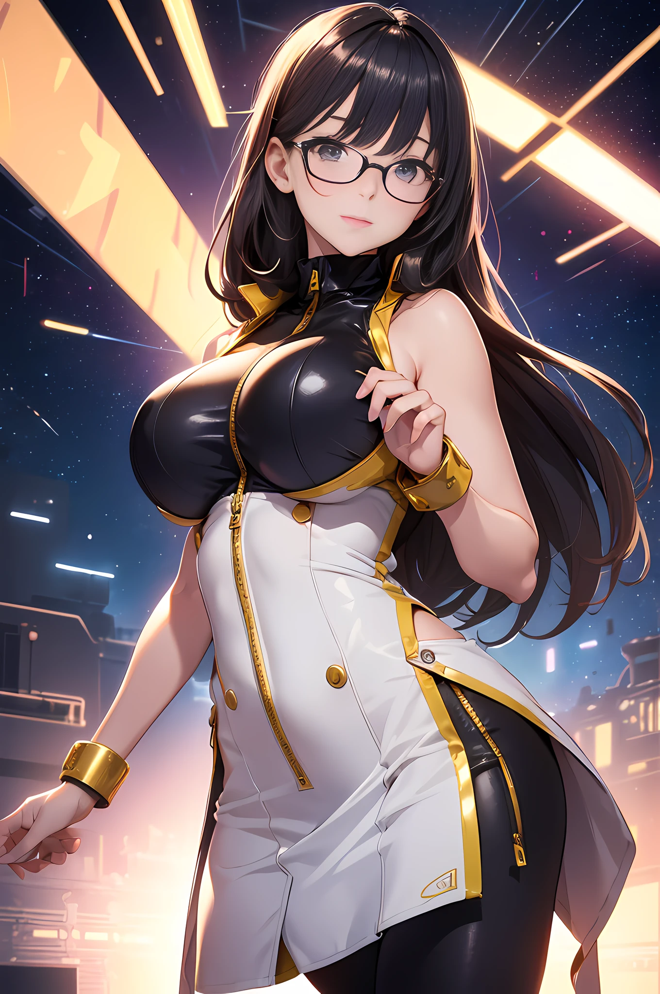 highres, ultra detailed, (1girl:1.3), (dynamic pose):1.0 BREAK, face-only image, ((upper body image:1.3)), POV, ((1 extremely cute and beautiful streamer girl streaming at Space station at midnight)), (space universe background), liberation, (shiny eyes, upturned eyes:1.3), (ear breathing), ((happy, light smile:1.3)), solo focus, starry night, (wearing a gold sleeveless full-zip mechanical bodysuit:1.3), she has shiny-brown braid hair style, bangs, (huge-breasted:1.35), fat, glasses, shackles, 7.5 life size, detailed clothes, detailed body, detailed arms, human hands, detailed hands, blush, open mouth, looking up the viewer, facing up the viewer, (((sexy model posing, standing, grabbing the own-breast by both her hands)), from below, low angle, studio soft light, cinematic light, detailed background, realistic, ultra-realistic, masterpiece,