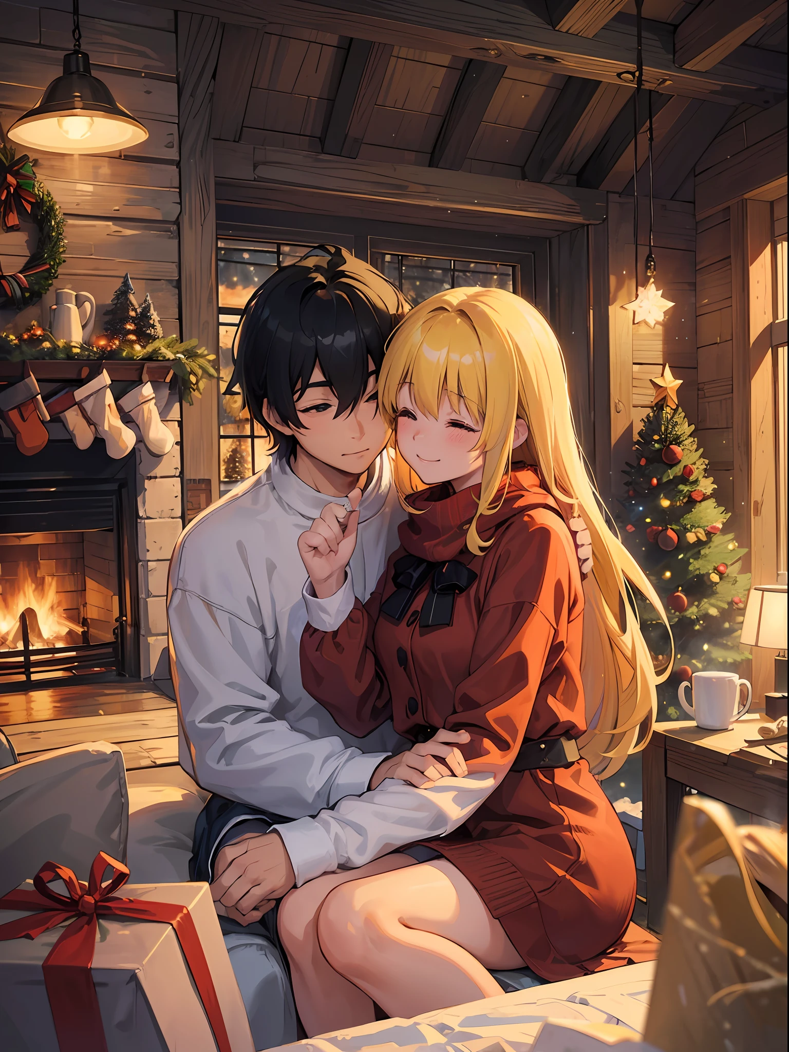 (en) masterpiece, ultra-detailed CG unity 8k wallpaper, best quality illustration, a warm and cozy atmosphere, a wintry scene in a rustic cabin, Christmas tree and snow falling gently outside, a white mug in hand, near a crackling fireplace. The man has black hair and the woman has blond hair, exchanging Christmas gifts and sharing a happy moment together.