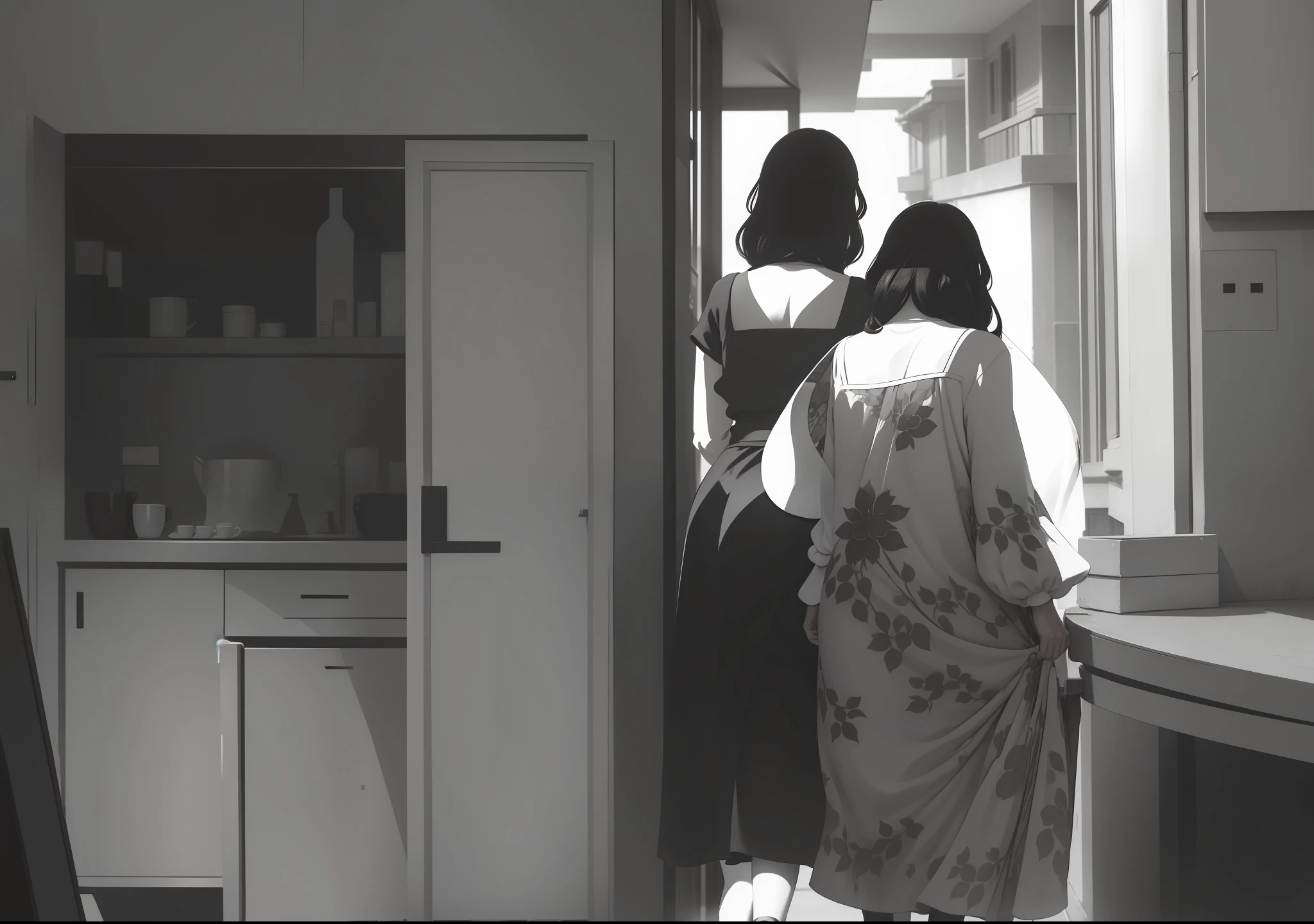 Two women walking towards the balcony