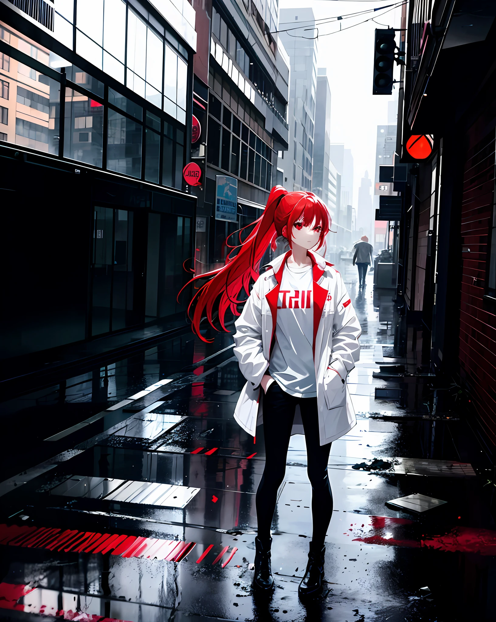 1girl,solo, standing,cowboy shot, prts, red hair, ponytail hair, red eyes, white shirt,white coat,outdoors,rain,cityscape, ruins,ruined_city,hand in pocket,