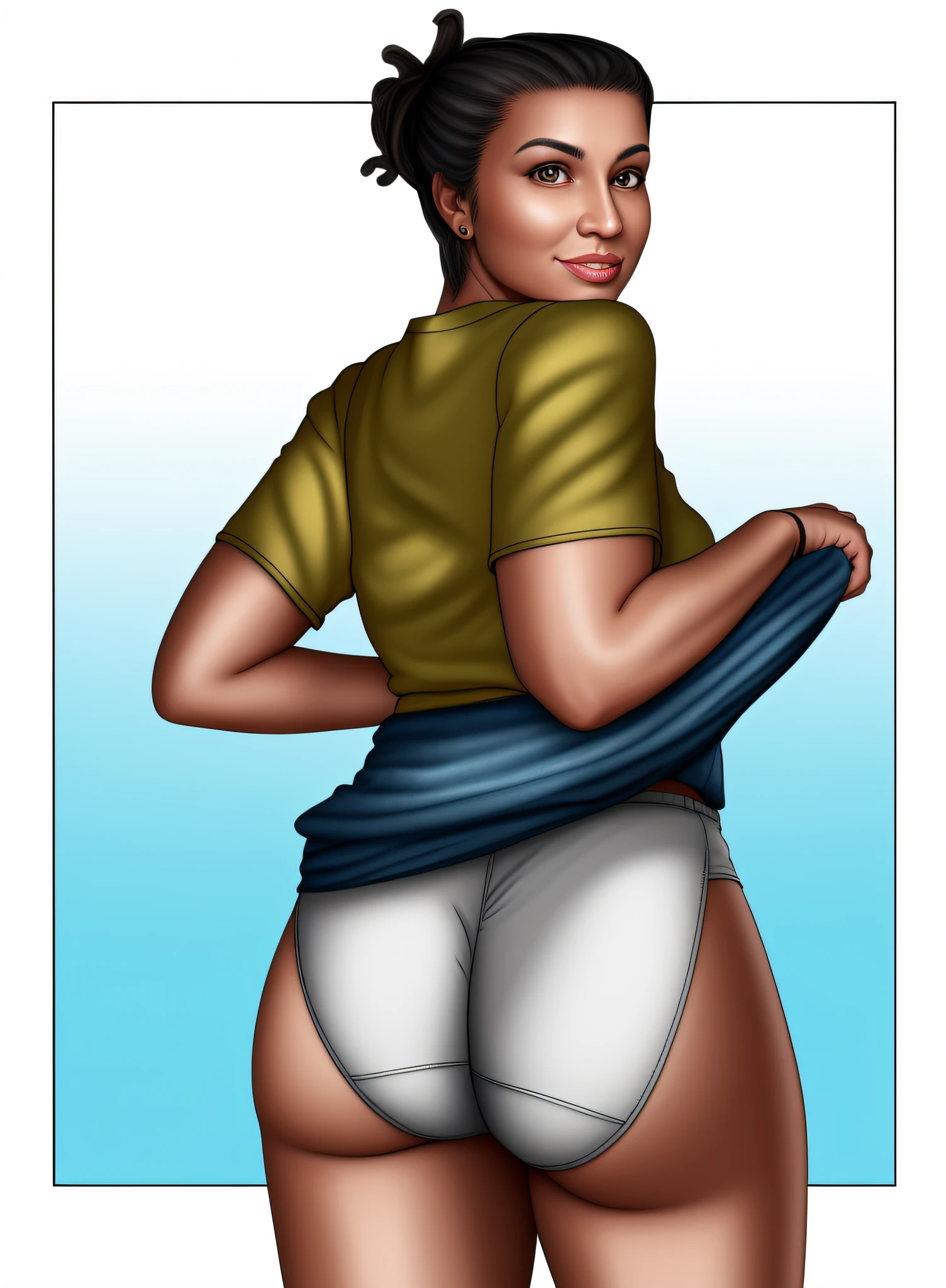 Brazilian Latina in yellow shirt lifting her blue skirt showing her big white cotton panties, photo realistic art style, detailed wrinkles