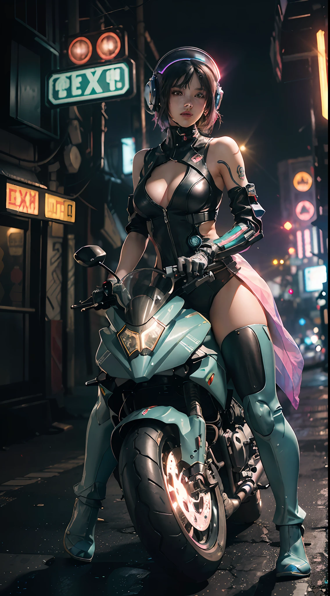 (an artistic photo of a cyberpunk prostitute), full body photo, centered, (Very Detailed: 1.2), (Intricate Neon Slums in the Background: 1.1), Ultra Detailed, (Soft Light: 1.2), High Resolution, Cinematic Grain, Highest Quality, Outstanding Detail, Ultra High Resolution, (Realisticity: Favor Details, Highly Cohesive 1Girl, with a delicate and beautiful face, dressed in a cool rainbow-colored mech, wearing an astigmatism mech helmet, holding a direction controller, riding on a motorcycle, in the background is a high-tech lighting scene of the future city.