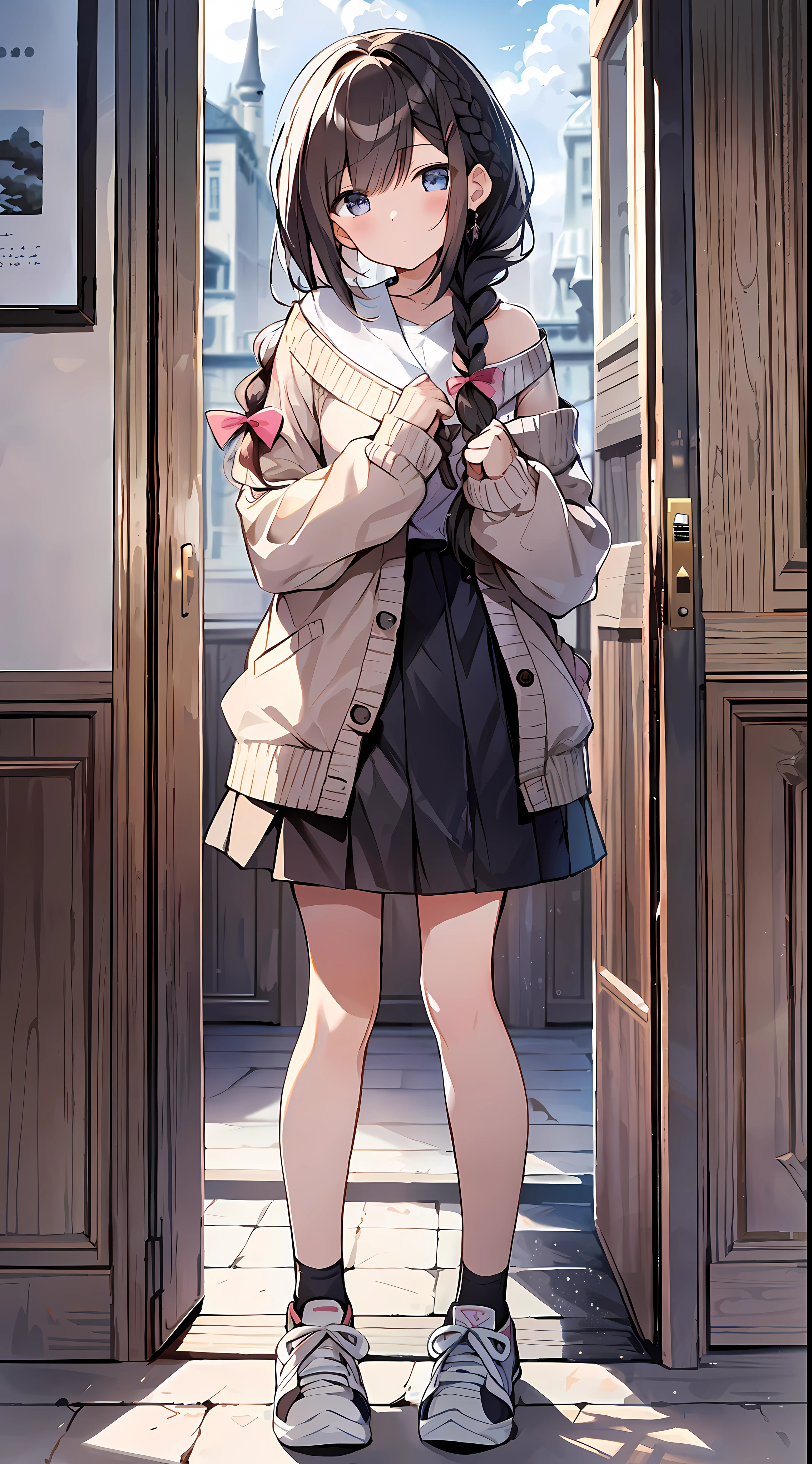 (incredibly absurdres absolutely resolution: 1.5), Best Quality, Masterpiece, Ultra High Definition, 8k, (Multiple Girls), (Pale Cardigan, Sneakers, Skirt) BREAK Shoujo Manga Style, (), Soft Line Art, Digital Enhancement, Shojo Manga Touch, Shoujo Manga Core, ( Hair length to the shoulders))), (((short braid)))