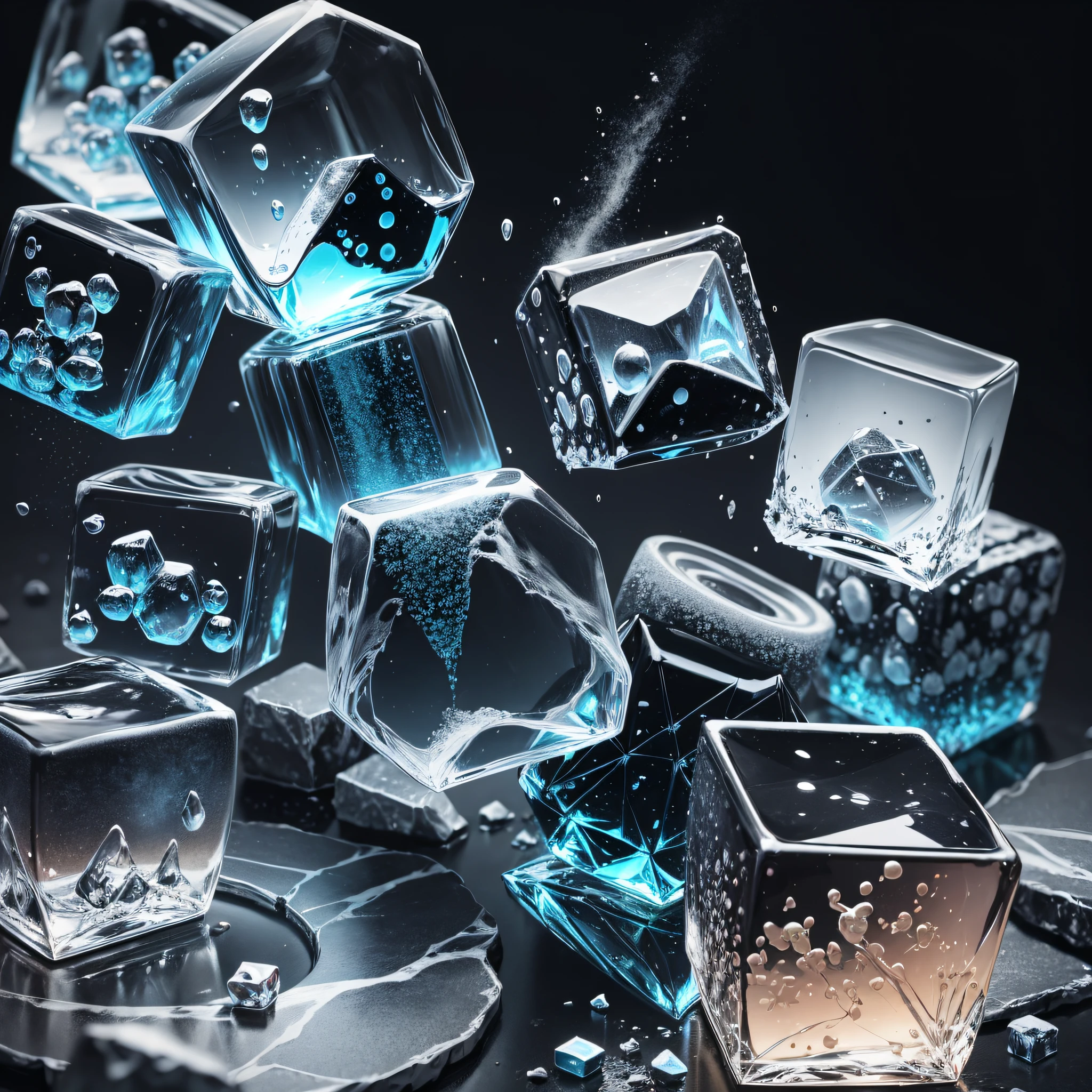 Black background, center composition, rocks, ice cubes, exploded from the middle, advertising, design, perfume advertising, levitation, heads-up --auto --s2
