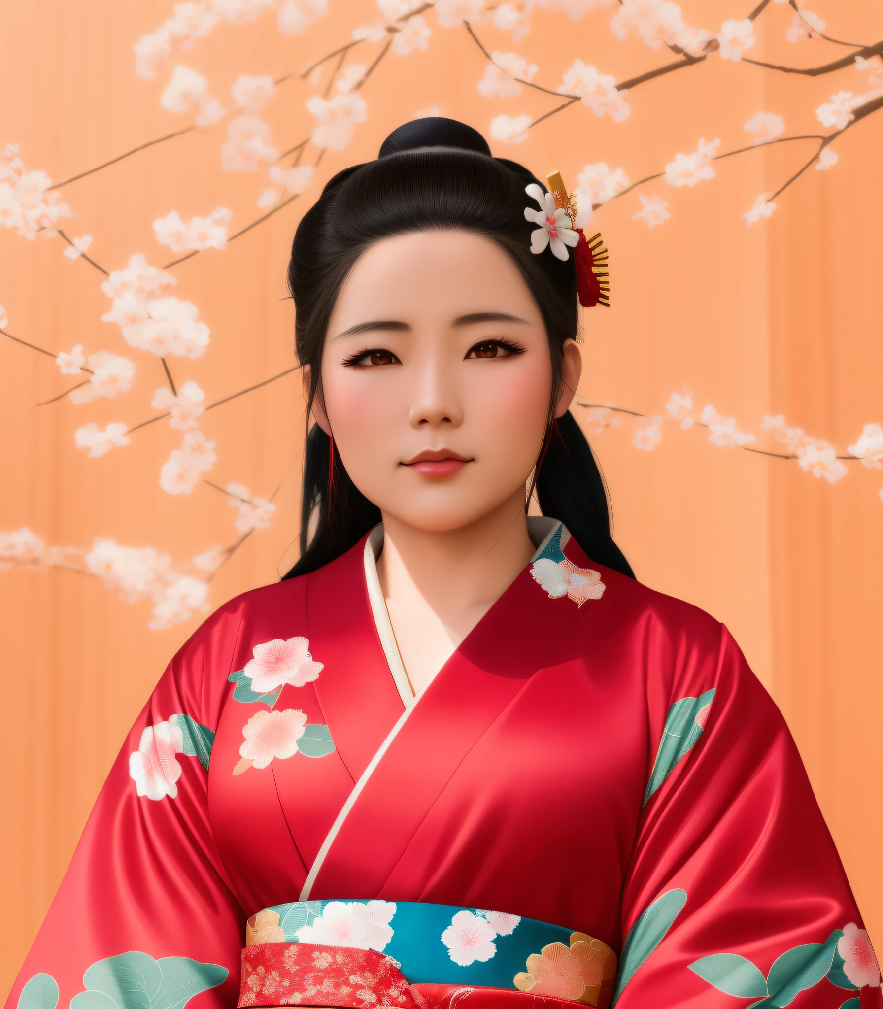 there is a woman in a red kimono standing in front of a wall, geisha photo portrait, portrait of mulan, harumi, inspired by Matsui Fuyoko, inspired by Koson Ohara, inspired by Miyagawa Shunsui, mai anh tran, inspired by Mei Qing, katsura masakazu, asian woman
