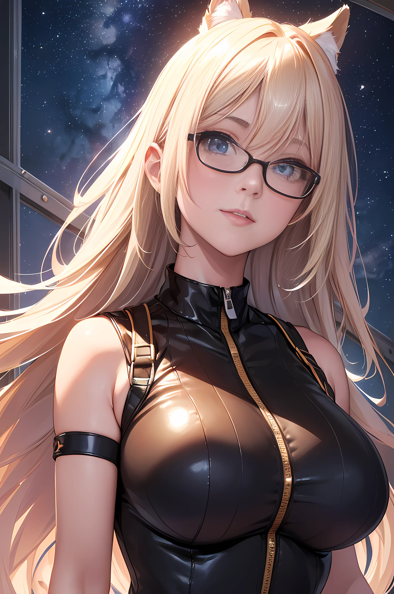 highres, ultra detailed, (1girl:1.3), (dynamic pose):1.0 BREAK, face-only image, ((upper body image:1.3)), POV, ((1 extremely cute and beautiful streamer girl streaming at Space station at midnight)), (space universe background), liberation, (shiny eyes, upturned eyes:1.3), (ear breathing), ((happy, light smile:1.3)), solo focus, starry night, (wearing a gold sleeveless full-zip mechanical bodysuit:1.3), she has shiny-brown braid hair style, bangs, (huge-breasted:1.35), fat, glasses, shackles, 7.5 life size, detailed clothes, detailed body, detailed arms, human hands, detailed hands, blush, open mouth, looking up the viewer, facing up the viewer, (((sexy model posing, standing, grabbing the own-breast by both her hands)), from below, low angle, studio soft light, cinematic light, detailed background, realistic, ultra-realistic, masterpiece,