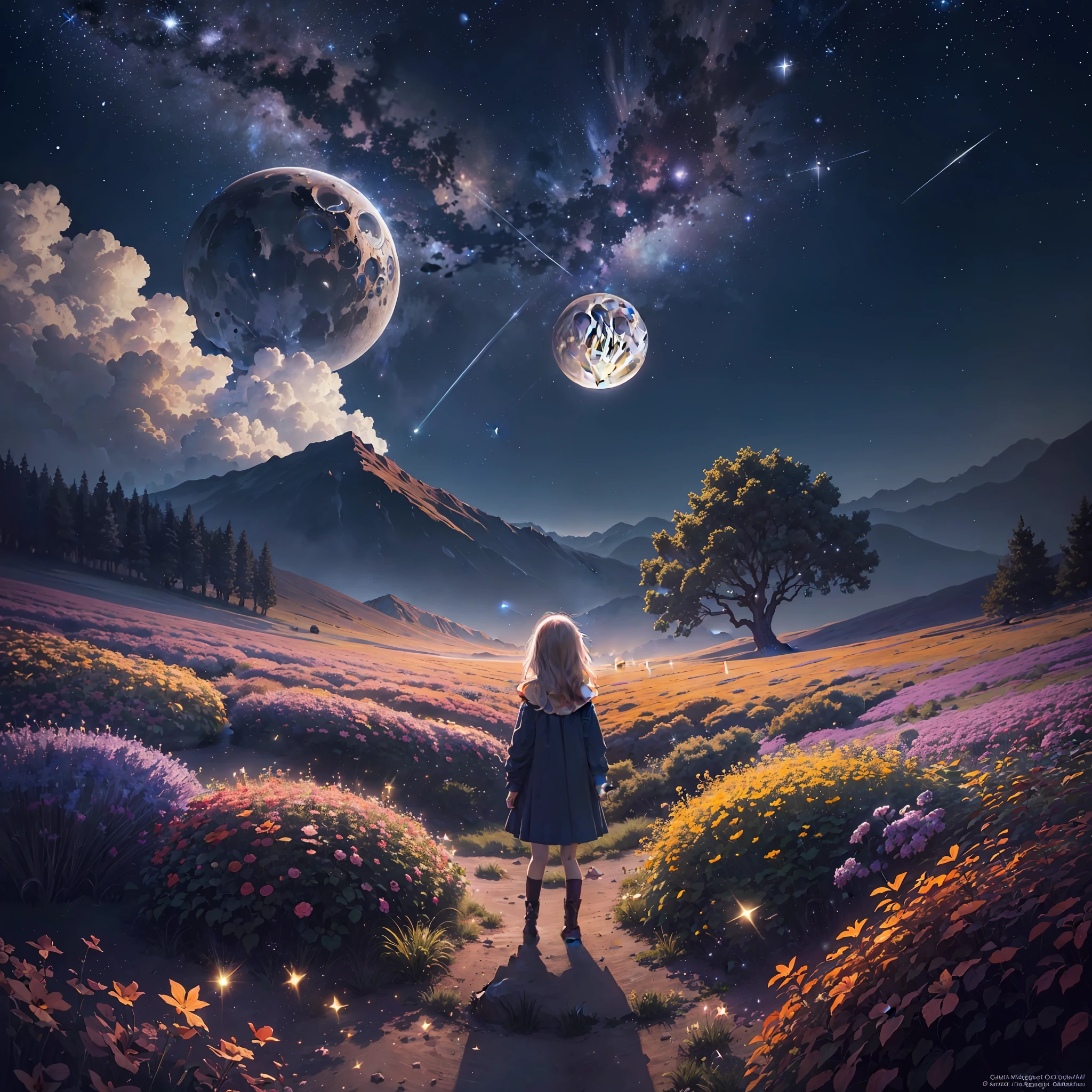 Expansive landscape photograph, (view from below with a view of the sky and wilderness below), girl standing in a flower field looking up, (full moon: 1.2), (shooting star: 0.9), (nebula: 1.3), distant mountain, tree break production art, (warm light source: 1.2), (firefly: 1.2), lamp, purple and orange, intricate detail, volume lighting, realism break (masterpiece: 1.2) (Best Quality), 4K, Ultra-Detailed, (Dynamic Composition: 1.4), Highly Detailed and Colorful Detail, (Iridescent Colors: 1.2), (Radiant Lighting, Atmospheric Lighting), Dreamy, Magical, (Solo: 1.2), Realistic Flowers, Material, Walls, Ultra-Fine Flowers, Picturesque Walls, Falling Stars, Meteor Shower, Shooting Stars, Fireflies, Small Balls of Light, Orbs, Fantastic, Light Particles, Star Rain, Star Shake, Blue Moon, Crescent, Pentagram, First magnitude, Betelgeuse, Glass Ball