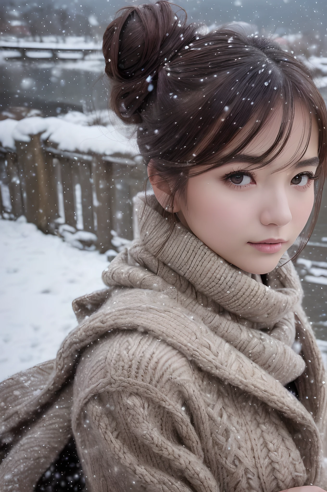 (masterpiece), (portrait), (aesthetic), (beautiful), (upper blody), (high quality), (aesthetic clothings), (professional angle), (rule of thirds), (Feminine), (woman), (female), (beautiful),(feminine features), (21 years), solo, 1 woman, (attractive Japanese), Winter, (Falling Snow), (Night), (Soft light), ((Holding a Cat)), (Hands around the cat), ((Looking downwards Face)), ((Cozy)), (Natural Make-up), (Moderate Bust), (Scarf), ((Medium Hair)), (Dark Brown Hair), (Straight Hair), (Neat Bun hair), (Floral Accessories in the Hair in Hair), (Half-open Eyes), (Brown Eyes), (Serene Look), Fair skin, (Subtle Embellishments Clothing), (Sweater), (Coat), (Skirt ), (Boat Neck Neckline), ((Snowy Landscape background)), (Close-Up Shot),