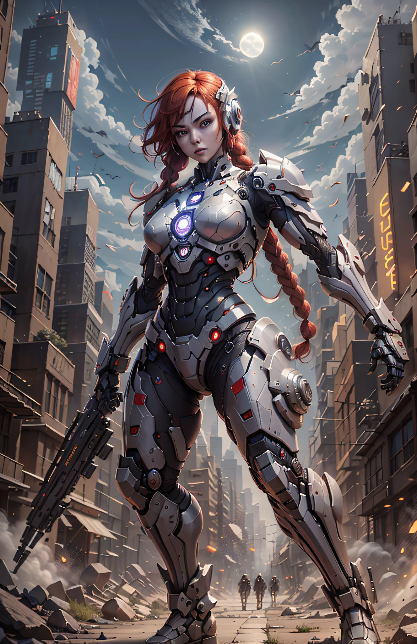 (Best Quality)), ((Masterpiece)), (Very Detailed: 1.3), 3D, Beautiful cyberpunk woman, Iron Man cosplay, sci-fi technology, HDR (High Dynamic Range), ray tracing, nvidia RTX, super resolution, unreal 5, subsurface scattering, PBR texture, post-processing, anisotropic filtering, depth of field, maximum sharpness and sharpness, multi-layer texture, specular and albedo mapping, surface shading, accurate simulation of light-material interactions,  perfect proportions, octane rendering, duotone lighting, low ISO, white balance, rule of thirds, wide aperture, 8K RAW, high efficiency subpixels, subpixel convolution, light particles, light scattering, Tyndall effect, very sexy bikini, full body, battle pose, red hair with braids, bats in the sky notuno, full moon,