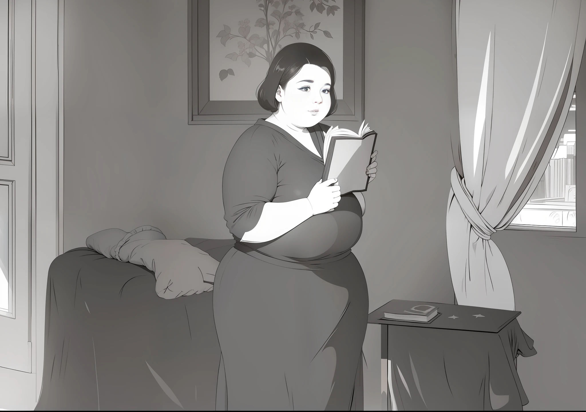 Fat woman holding a book in her hand