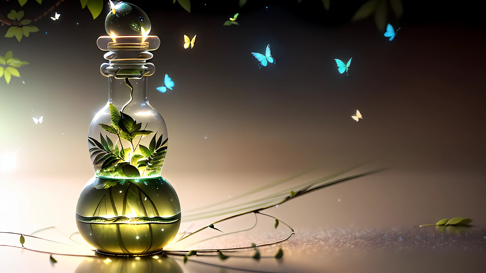 A perfume product picture, best quality, super fine CG Unity 8K wallpaper,
Background (extreme detail, fantastic green jungle natural element scene, full of fireflies and butterflies,
Rainforest branches and delicate leaf details, the best illustration effect,
Perfect forest theme of light and natural elements,
Quiet flowing water, glow effects and particle effects,
Isometric 3D octane rendering, super detail, best ray tracing,
Detailed detailing, surrounded by delicate foliage and logos)