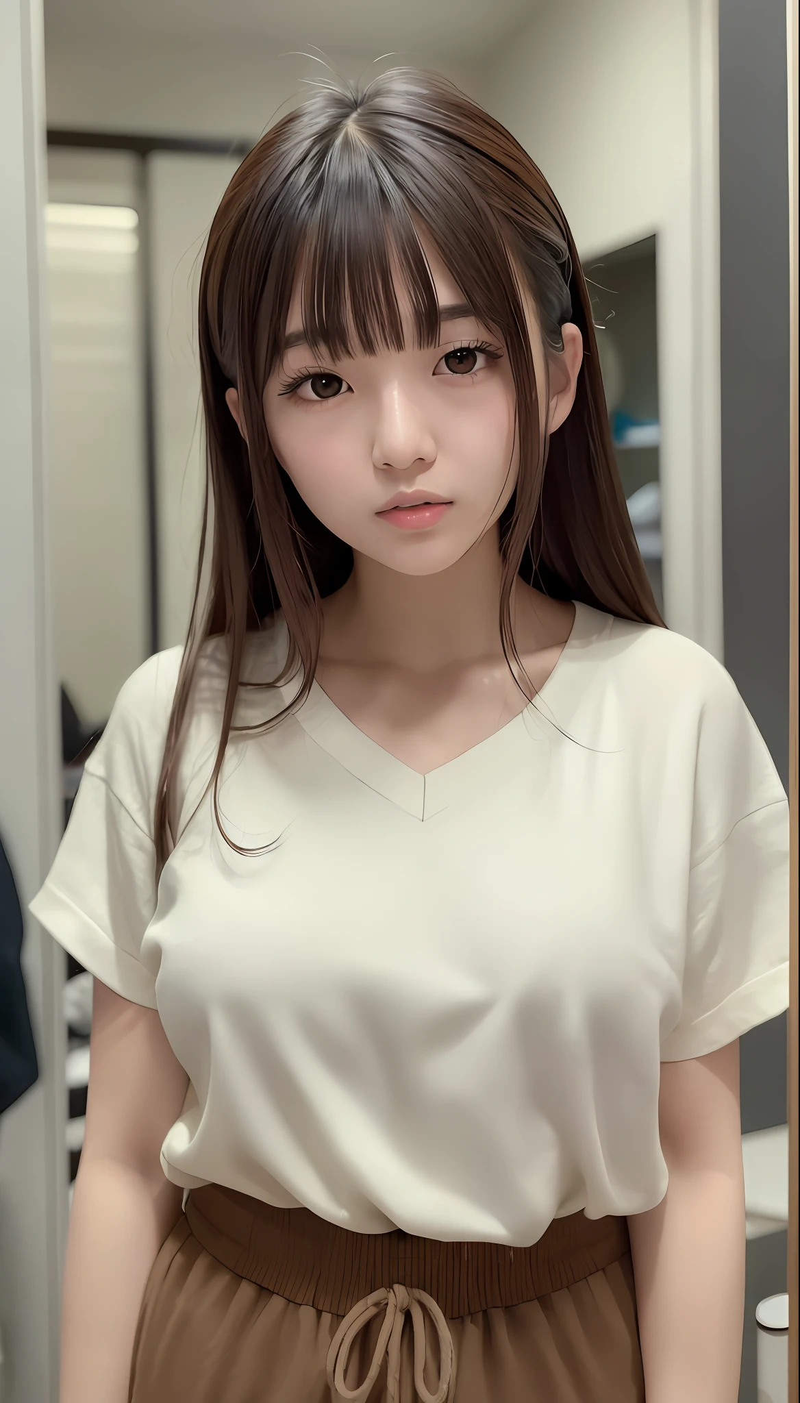 A Japanese girl, 23 years old, brown hair and bangs, bangs hanging down his forehead, detailed eyes, with drooping eyes, dreamy, lively appearance, plump lips, expressive, wearing a white shirt, sweatpants, masterpiece, 8K,