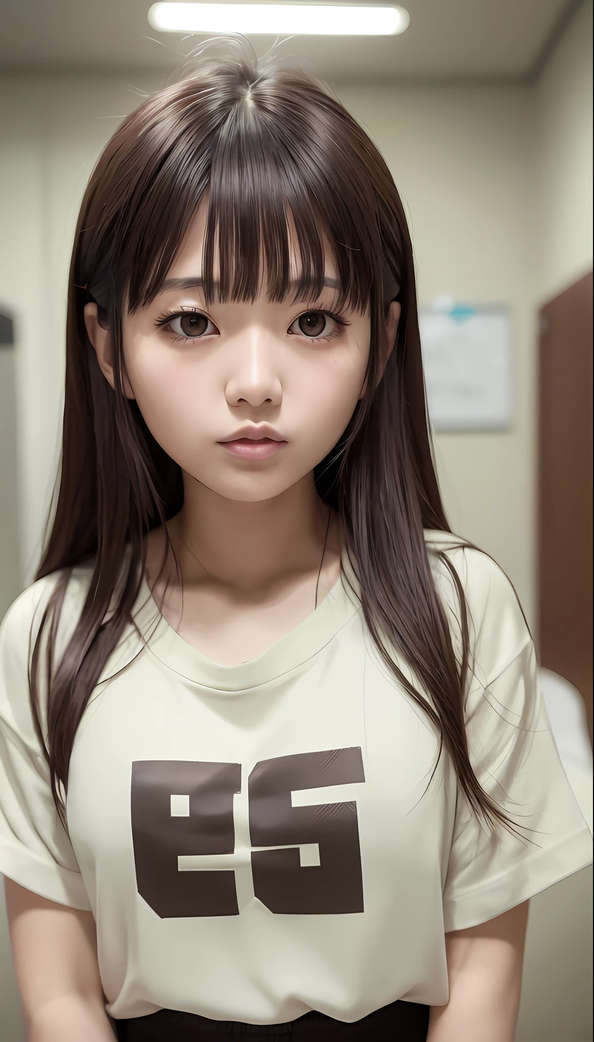 A Japanese girl, 23 years old, brown hair and bangs, bangs hanging down his forehead, detailed eyes, with drooping eyes, dreamy, lively appearance, plump lips, expressive, wearing a white shirt, sweatpants, masterpiece, 8K,