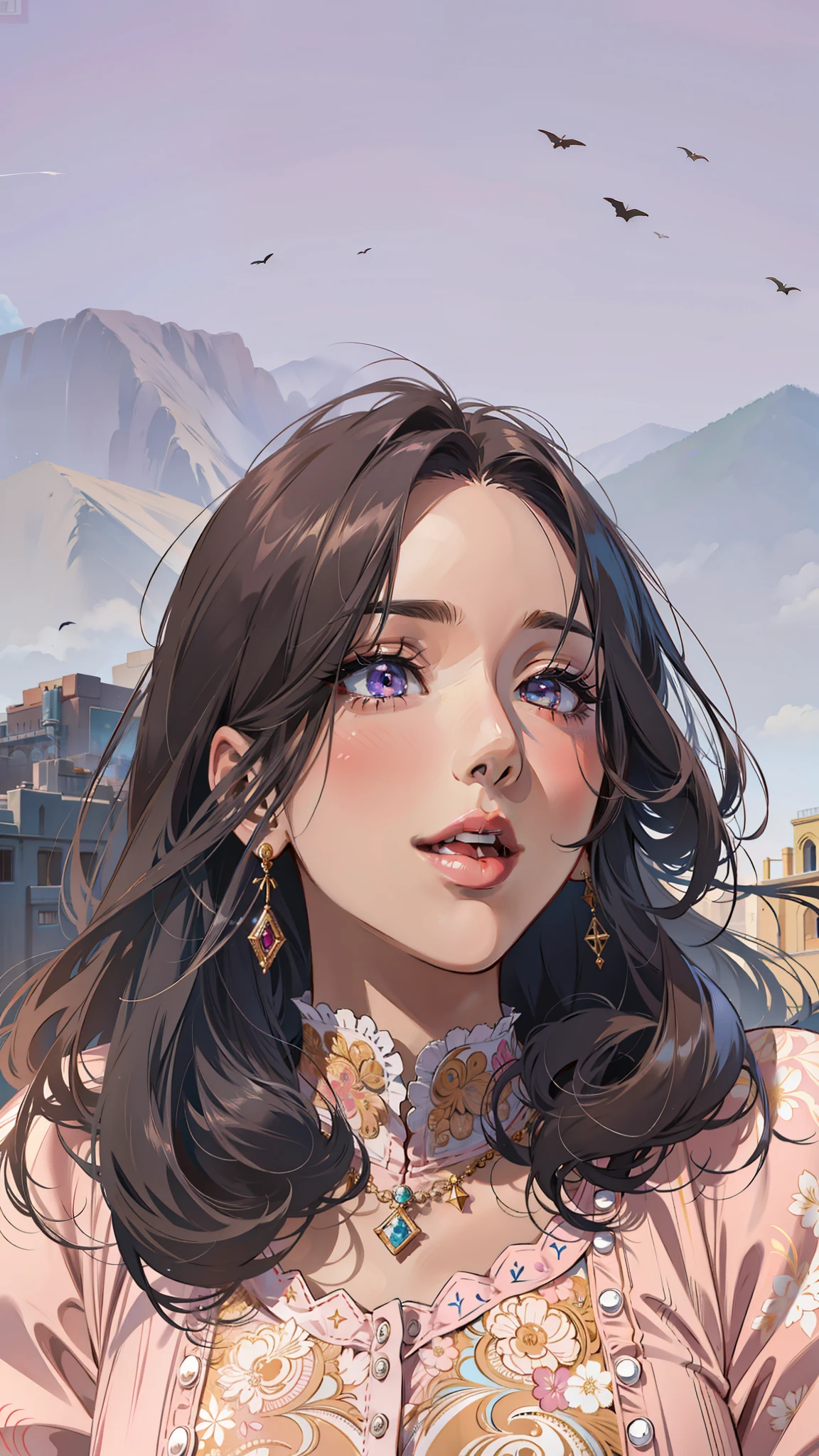 (masterpiece),(best quality:1.0), (ultra highres:1.0), detailed illustration, 8k, anime, 1girl, beautiful anime girl, wearing a pink dress, earrings , intricate details, black eyes, detailed eyes, looking at the viewer, pink eyeshadow, black hair, detailed hair detailed, highlights on hair, smiling, matte lipstick, matte lips, smiling, anime style, best quality, detailed