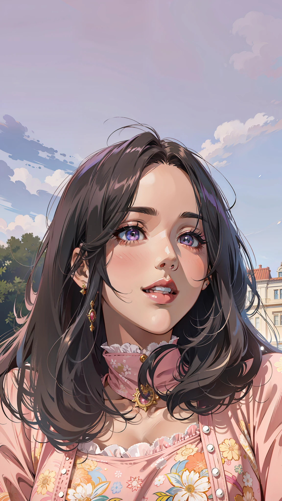 (masterpiece),(best quality:1.0), (ultra highres:1.0), detailed illustration, 8k, anime, 1girl, beautiful anime girl, wearing a pink dress, earrings , intricate details, black eyes, detailed eyes, looking at the viewer, pink eyeshadow, black hair, detailed hair detailed, highlights on hair, smiling, matte lipstick, matte lips, smiling, anime style, best quality, detailed