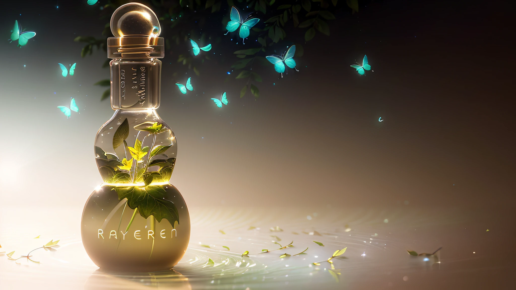 A perfume product picture, best quality, super fine CG Unity 8K wallpaper,
Background (extreme detail, fantastic green jungle natural element scene, full of fireflies and butterflies,
Rainforest branches and delicate leaf details, the best illustration effect,
Perfect forest theme of light and natural elements,
Quiet flowing water, glow effects and particle effects,
Isometric 3D octane rendering, super detail, best ray tracing,
Detailed detailing, surrounded by delicate foliage and logos)