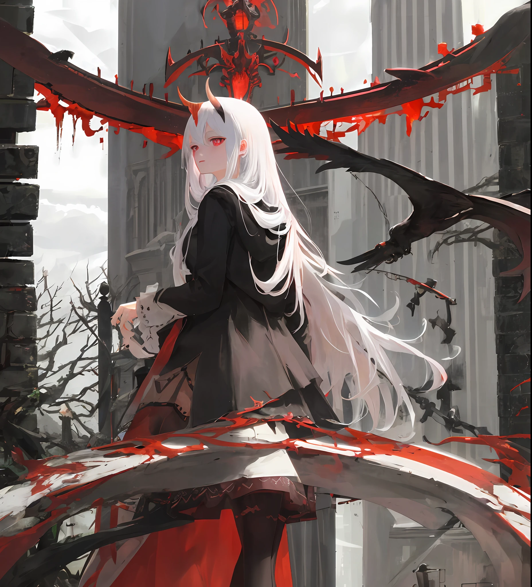 Best quality, 1 girl, white hair, red eyes, blood, gloomy, dark, blackened, crow, demon horn, mature, hatred
