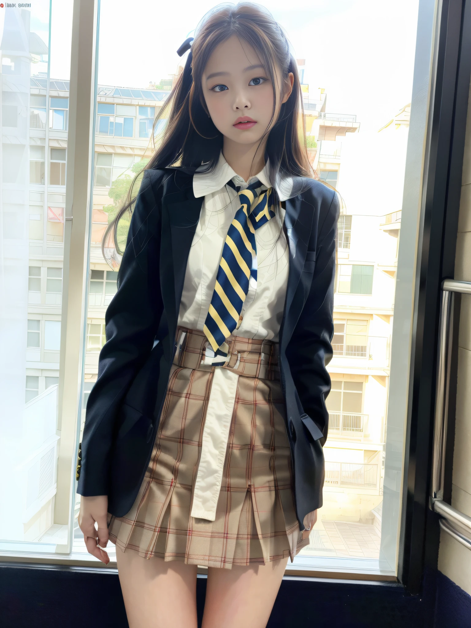 ulzzang-6500-v1.1, (raw photo:1.2), (photorealistic:1.4), beautiful detailed girl, very detailed eyes and face, beautiful detailed eyes, ridiculous, incredibly ridiculous, huge file size, super detailed, high resolution, very detailed, best quality, masterpiece, kemomimi, jennie face, wearing ((Japanese girls' high school uniform)), standing pose, full body, illustration, Very detailed, CG, unity, 8k wallpaper, amazing, fine details, masterpiece, best quality, very detailed CG unified 8k wallpaper, face light, movie lighting, 1girl, (((dynamic pose))),