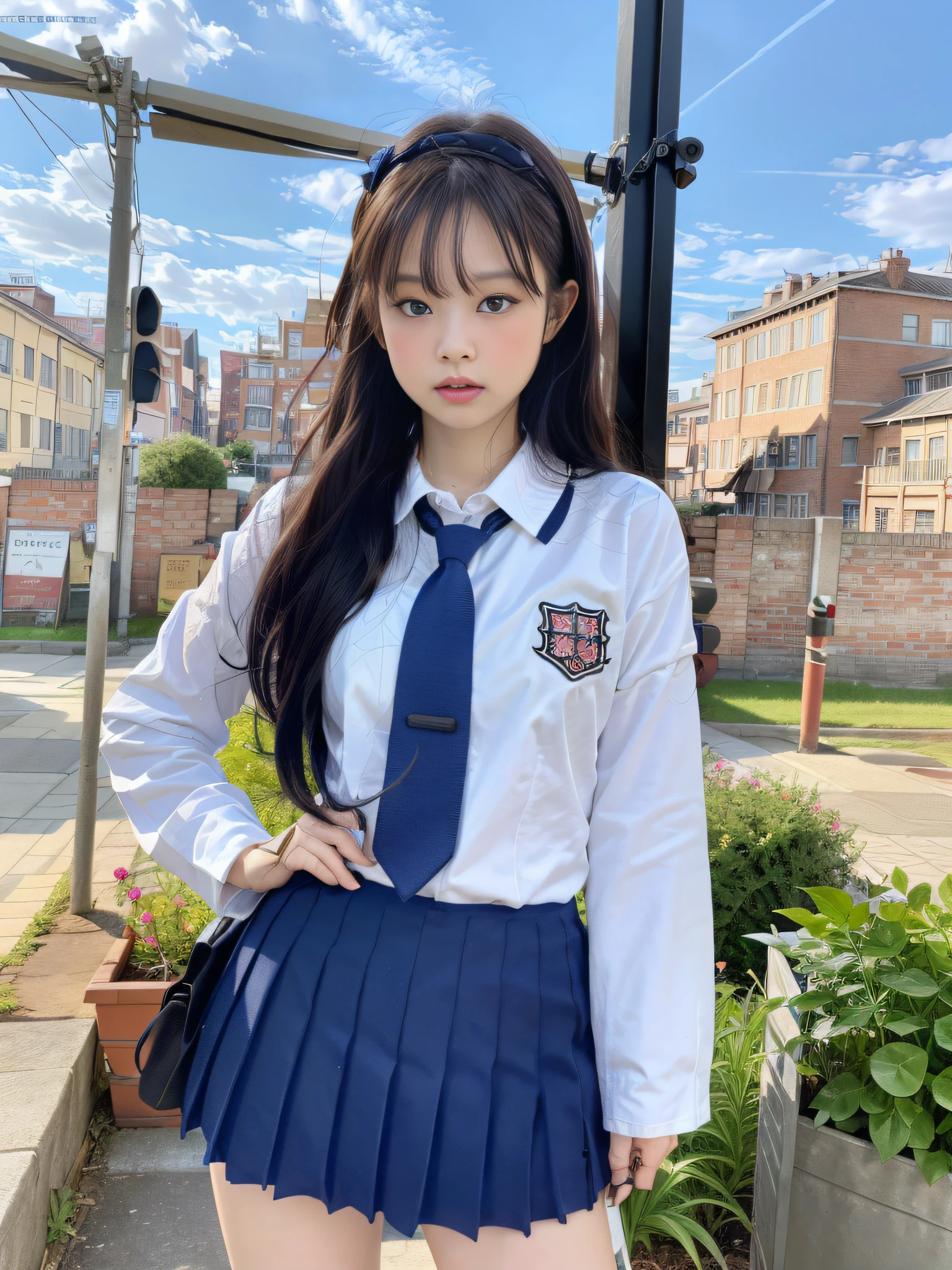 ulzzang-6500-v1.1, (raw photo:1.2), (photorealistic:1.4), beautiful detailed girl, very detailed eyes and face, beautiful detailed eyes, ridiculous, incredibly ridiculous, huge file size, super detailed, high resolution, very detailed, best quality, masterpiece, kemomimi, jennie face, wearing ((Japanese girls' high school uniform)), standing pose, full body, illustration, Very detailed, CG, unity, 8k wallpaper, amazing, fine details, masterpiece, best quality, very detailed CG unified 8k wallpaper, face light, movie lighting, 1girl, (((dynamic pose))),