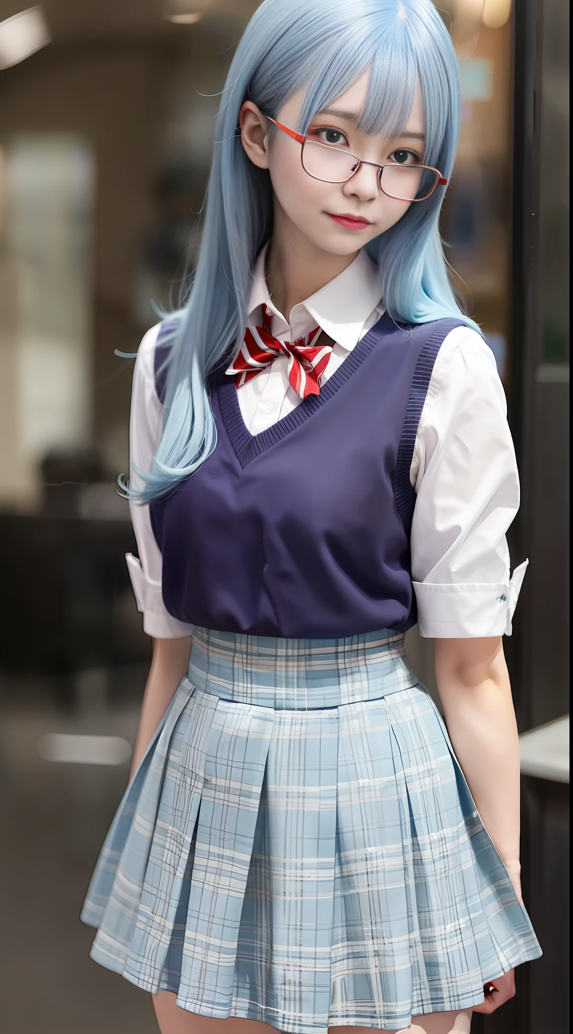Light blue hair, red half-rimmed glasses, school uniform