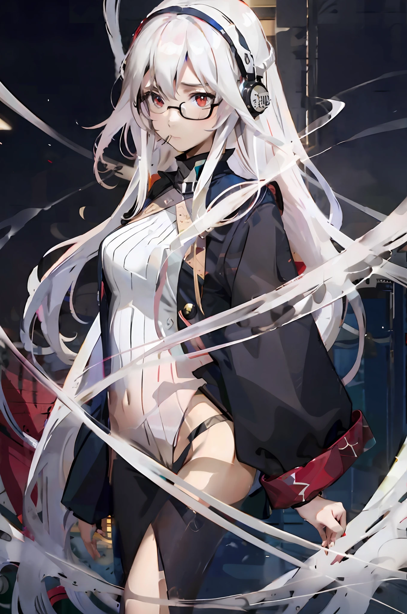 1girl, white long hair, multicolored hair, red eyes, mask on head, sidelighting, light particles, wallpaper,smoke a cigarette,wearing glasses,tattoo on face,big breasts,put on headphones ,in the neon city,big full moon in the background