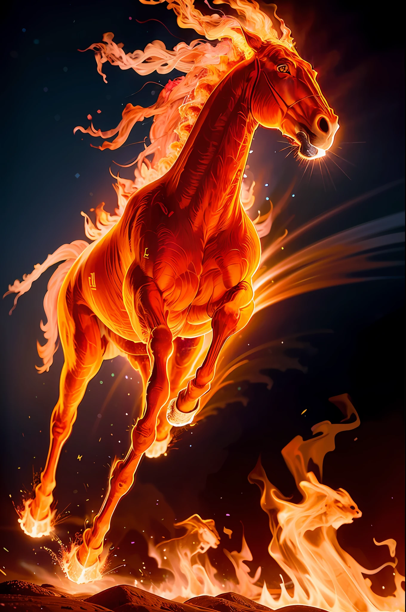 a running horse on fire,(redfire:1.3),
good hand,4k, high-res, masterpiece, best quality, head:1.3,((Hasselblad photography)), sharp focus, (cinematic lighting), collarbone, night, soft lighting, dynamic angle, [:(detailed face:1.2):0.2], outside, city,monochrome background,