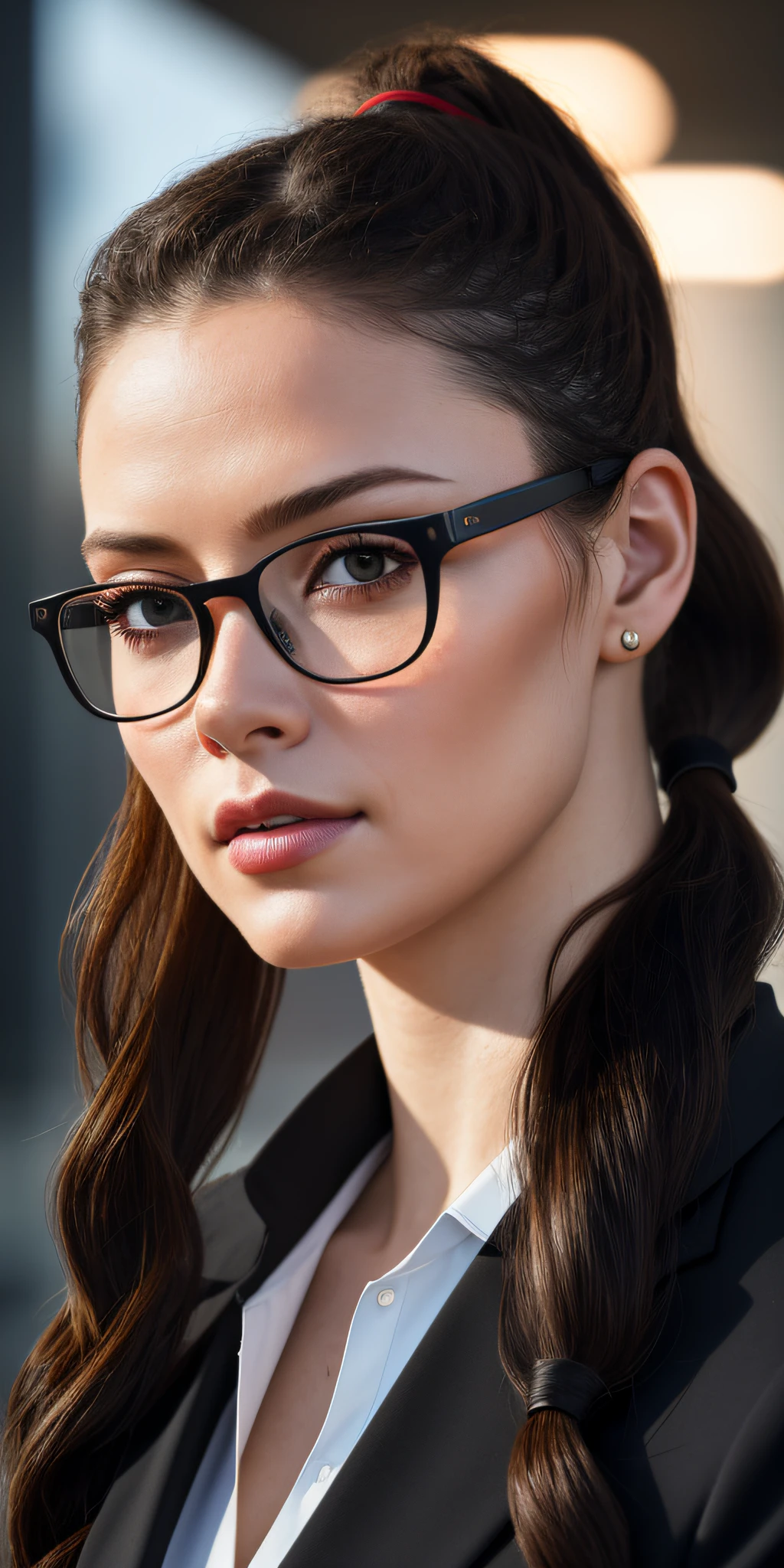 Full face portrait photo of 25 year old European girl, RAW, beautiful woman, semi-open strawberry lip, dimples, wistful expression, (extra long wavy brown hair), ((detailed face)), ((detailed facial features)), (fine detailed skin), pale skin, (detailed black business suit with deep neckline), Cyberpunk megacity environment, (cool colors), wet, damp, reflection, (masterpiece) (perfect proportions) (realistic photos) (highest quality) (detail) shot with Canon EOS R5, 50mm lens, f/2.8, HDR, (8k) (wallpaper) (cinematic lighting) (dramatic lighting) (sharp focus) (complex), raw photos, raw photos, gigachad photos, Camera Pose, Back Arm, 8K UHD, DSLR, High Quality, Grain Film, Fujifilm XT3, Film Stock Photo 4 Kodak Portra 400 Camera F1.6 Lens Rich colors Ultra-realistic textures Dramatic lighting Unreal Engine Art Station Trends Cinestir 800 Tungsten, Toughboy Style, Ultra Focus Face(intimidating, muscular, bursting veins, beads, ((curly black and long, ponytail)), wear glasses, wear a business suit,