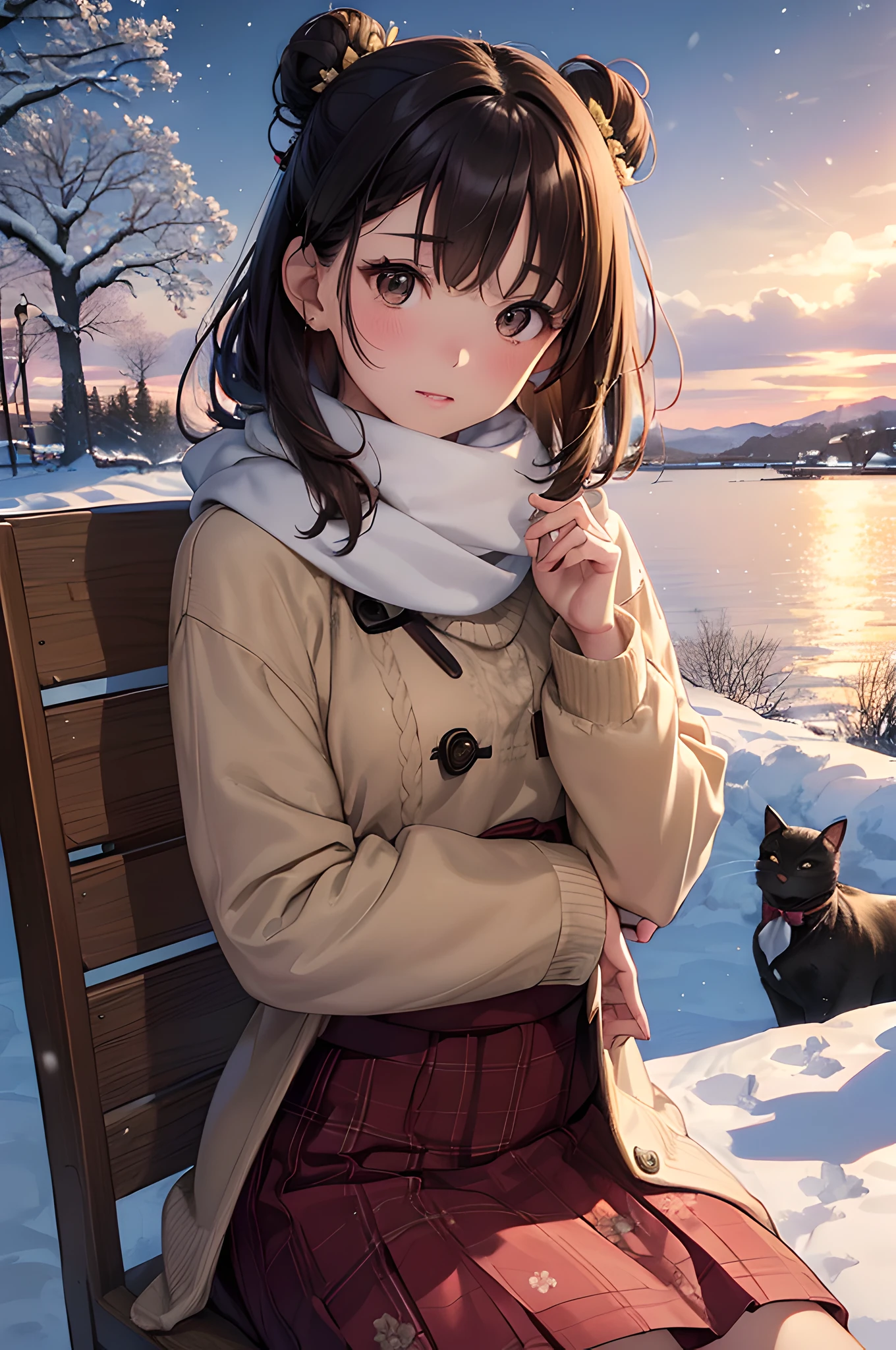 (masterpiece), (portrait), (aesthetic), (beautiful), (upper blody), (high quality), (aesthetic clothings), (professional angle), (rule of thirds), (Feminine), (woman), (female), (beautiful),(feminine features), (21 years), solo, 1 woman, (attractive Japanese), Winter, (Falling Snow), (Night), (Soft light), ((Holding a Cat)), (Hands around the cat), ((Looking downwards Face)), ((Cozy)), (Natural Make-up), (Moderate Bust), (Scarf), ((Medium Hair)), (Dark Brown Hair), (Straight Hair), (Neat Bun hair), (Floral Accessories in the Hair in Hair), (Half-open Eyes), (Brown Eyes), (Serene Look), Fair skin, (Subtle Embellishments Clothing), (Sweater), (Coat), (Skirt ), (Boat Neck Neckline), ((Snowy Landscape background)), (Close-Up Shot),