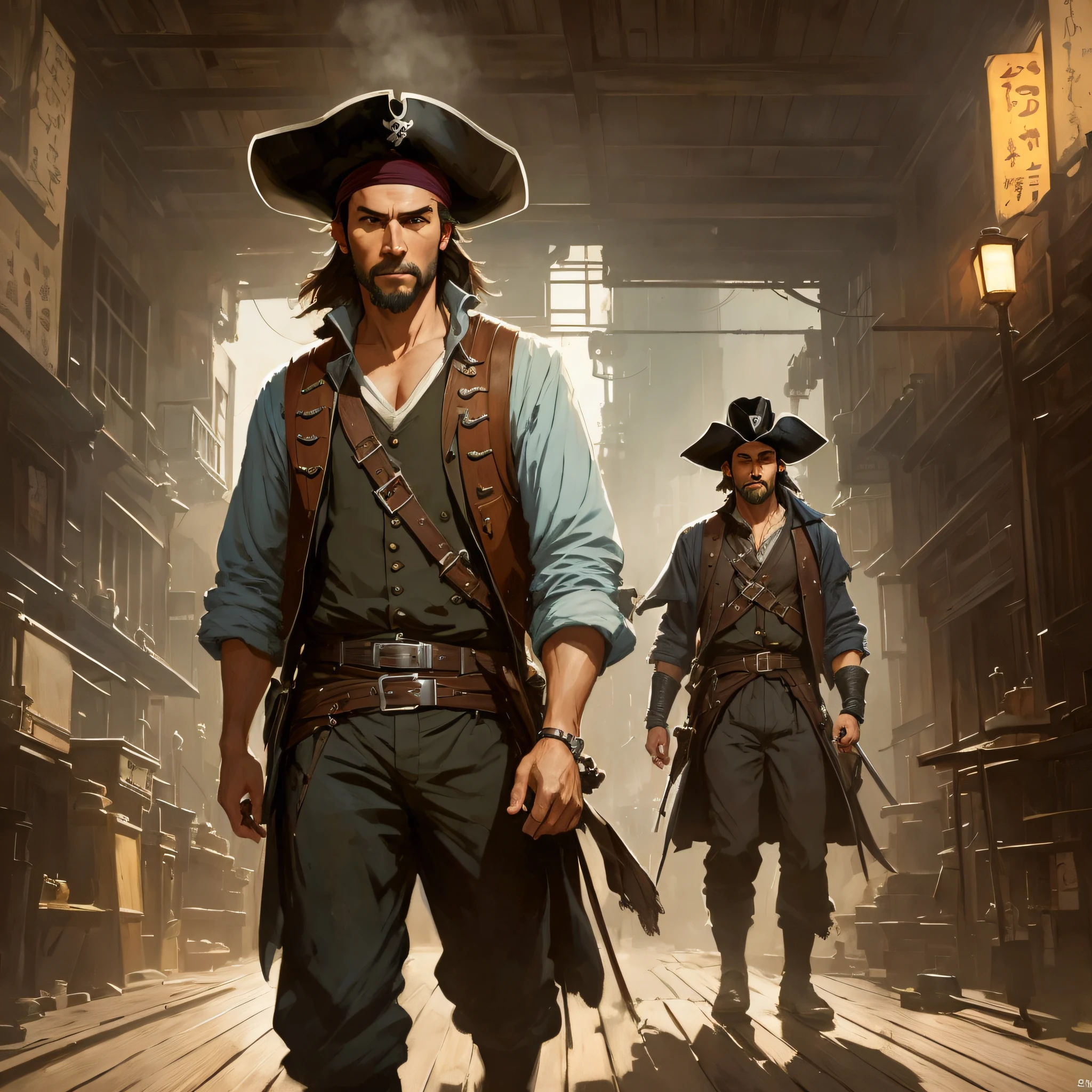 There are four men standing on an old pirate ship together looking at the camera, they are pirates, dressed as pirates, the floor is dark wood, the walls are dark wood, super high resolution, dark dramatic lighting, modelshoot style, (extremely detailed CG unit 8k wallpaper), photo of the most beautiful artwork in the world,  majestic professional oil painting by Ed Blinkey, Atey Ghailan, Studio Ghibli, by Jeremy Mann, Greg Manchess, Antonio Moro, trending on ArtStation, trending on CGSociety, Intricate, High Detail, Sharp focus, dramatic, photorealistic painting art by midjourney and greg rutkowski, (brilliantly lit) --auto --s2