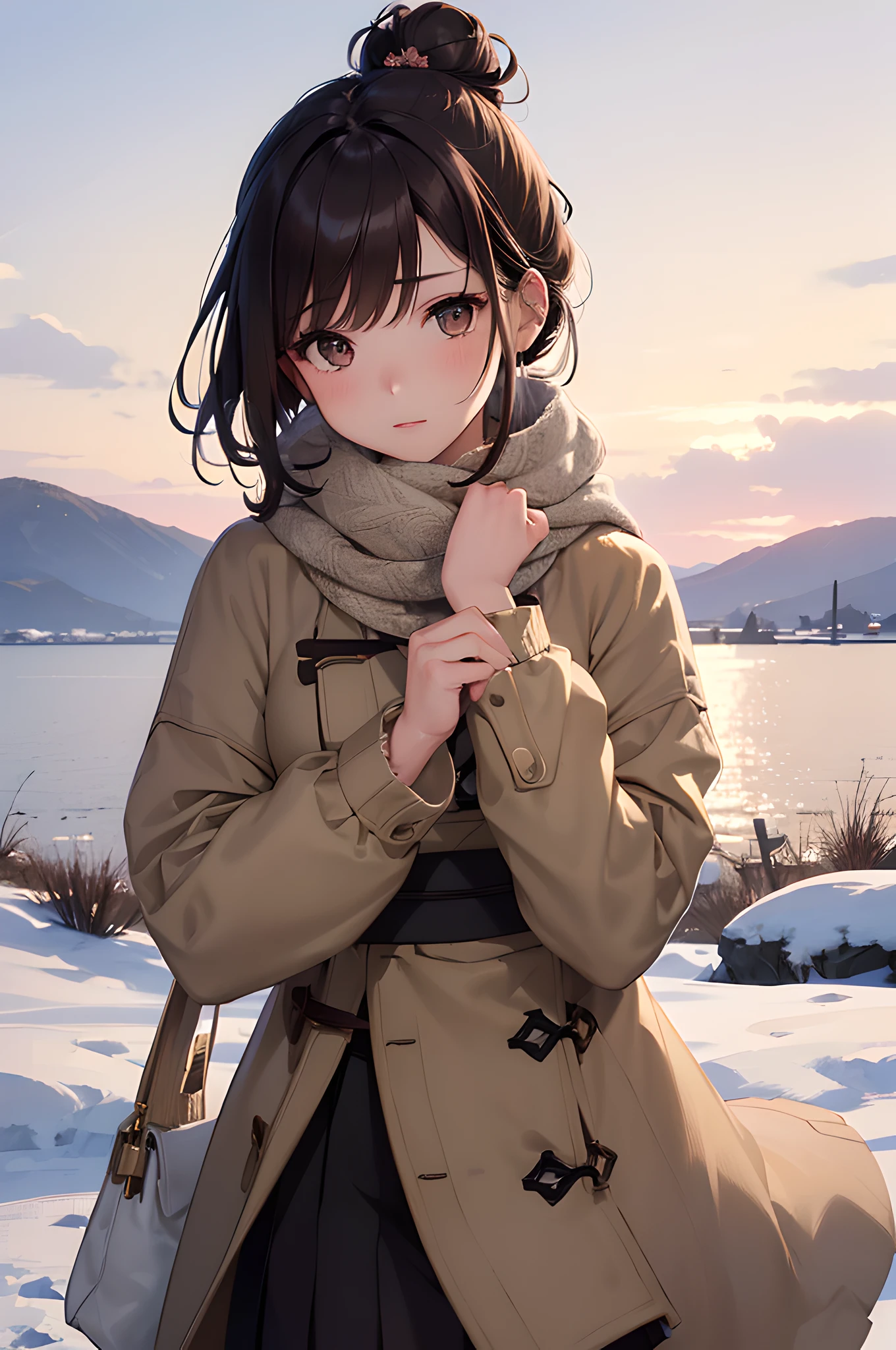 (masterpiece), (portrait), (aesthetic), (beautiful), (upper blody), (high quality), (aesthetic clothings), (professional angle), (rule of thirds), (Feminine), (woman), (female), (beautiful),(feminine features), (21 years), solo, 1 woman, (attractive Japanese), Winter, (Falling Snow), (Night), (Soft light), ((Holding a Cat)), (Hands around the cat), ((Looking downwards Face)), ((Cozy)), (Natural Make-up), (Moderate Bust), (Scarf), ((Medium Hair)), (Dark Brown Hair), (Straight Hair), (Neat Bun hair), (Floral Accessories in the Hair in Hair), (Half-open Eyes), (Brown Eyes), (Serene Look), Fair skin, (Subtle Embellishments Clothing), (Sweater), (Coat), (Skirt ), (Boat Neck Neckline), ((Snowy Landscape background)), (Close-Up Shot),