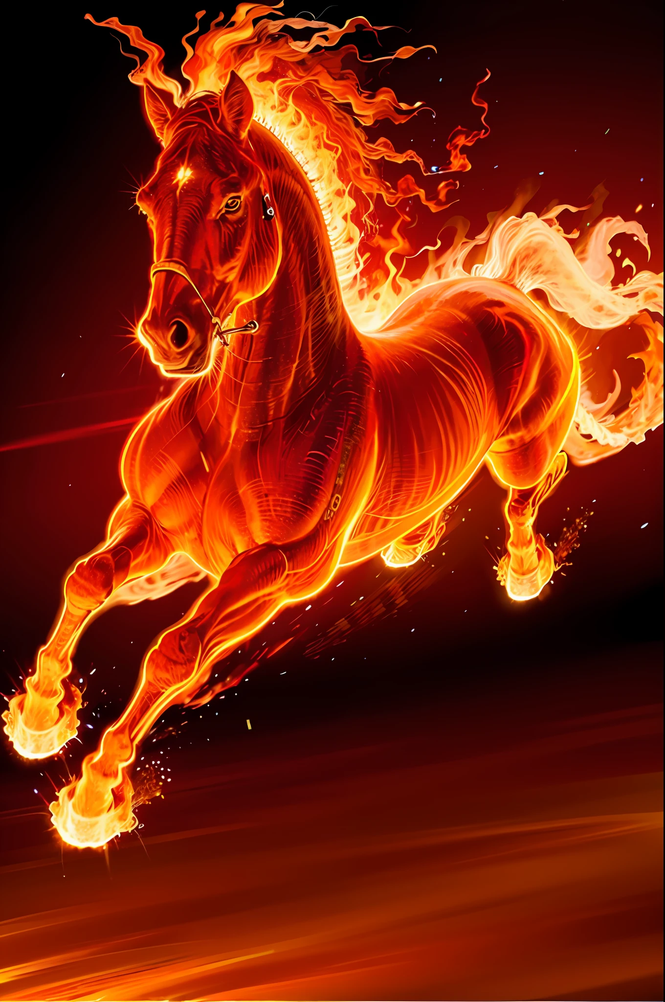 a running horse on fire,(redfire:1.3),
good hand,4k, high-res, masterpiece, best quality, head:1.3,((Hasselblad photography)), sharp focus, (cinematic lighting), collarbone, night, soft lighting, dynamic angle, [:(detailed face:1.2):0.2], outside, city,monochrome background,