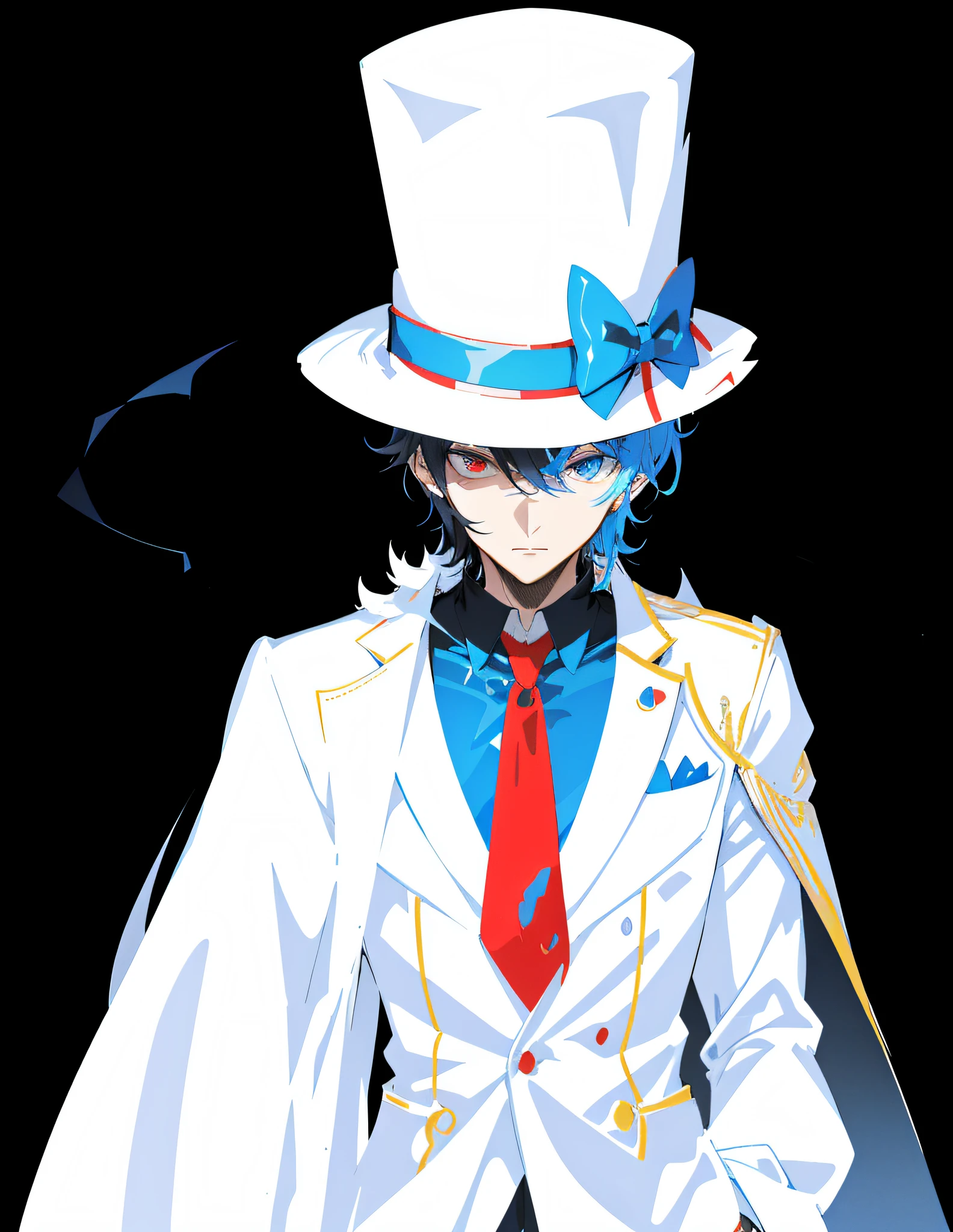 anime character dressed in white suit and red tie with blue bow, 2 d anime style, 2 d anime, tall anime guy with blue eyes, persona 5 phantom thief style, 2 d art, 2d art, shigenori soejima illustration, yu - no, male anime character, he is wearing a top hat, persona art style, zerochan, zerochan art