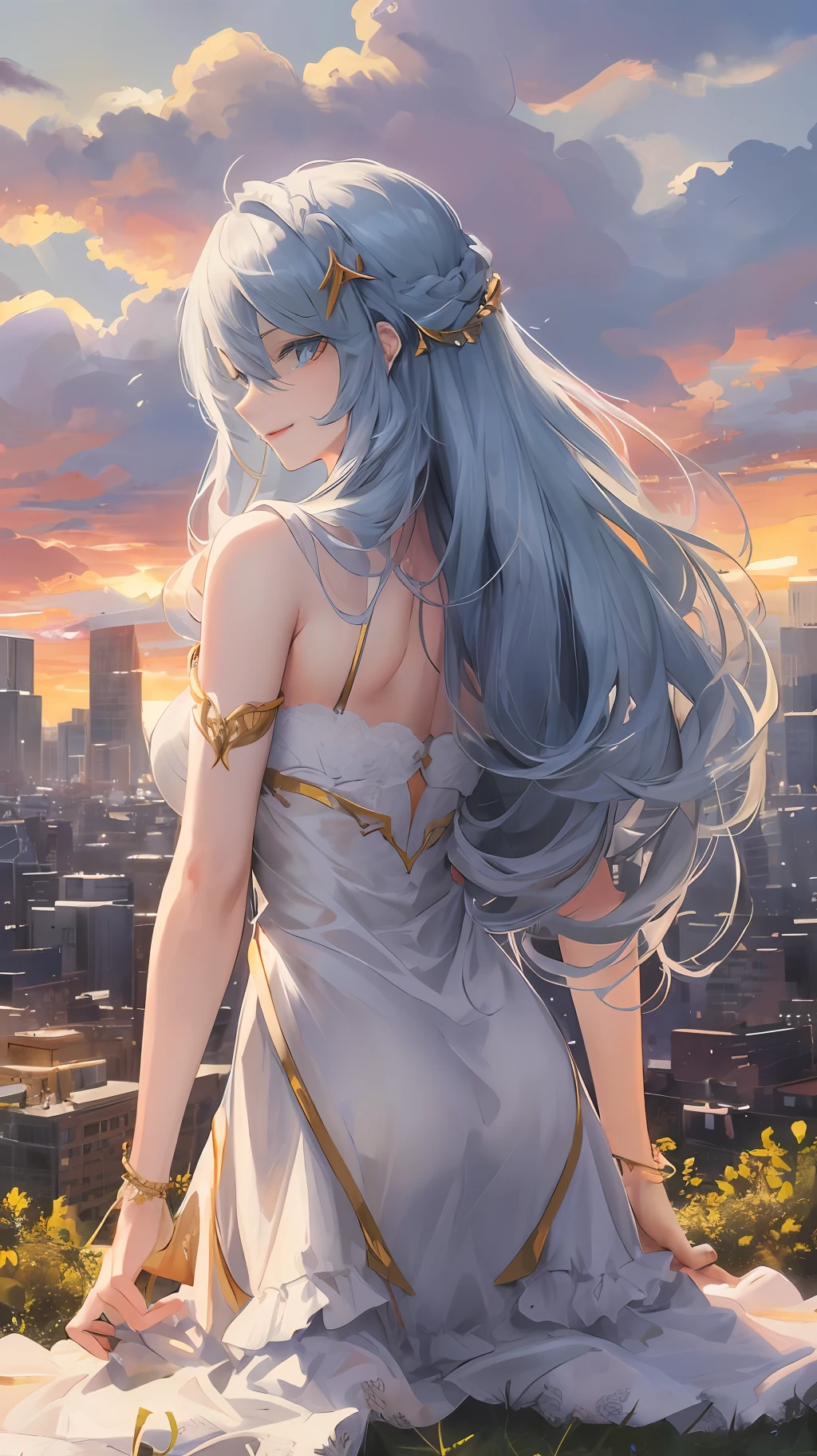 Sunlight, white clouds, meticulous clouds, slender, smile, landscape, long straight hair, buildings, dynamic hair, glowing blue eyes, hair accessories, epic landscapes, full body shots