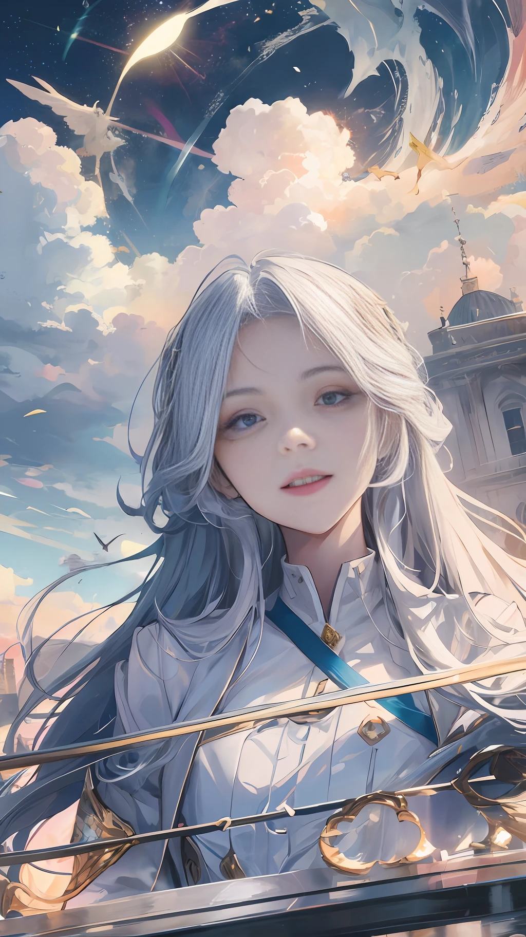 Sunlight, white clouds, meticulous clouds, slender, smile, landscape, long straight hair, buildings, dynamic hair, glowing blue eyes, hair accessories, epic landscapes, full body shots