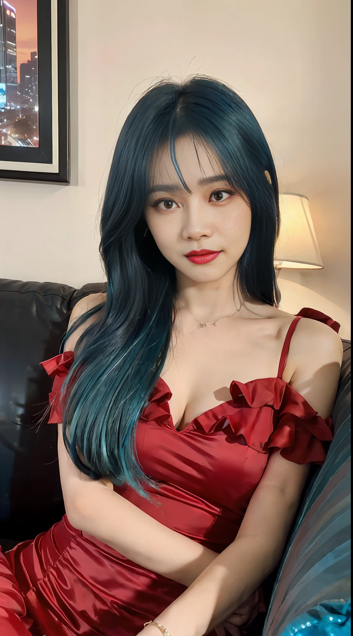 ((Best Quality, 8k, Masterpiece: 1.3)), Focus: 1.2, Perfect Body Beauty: 1.4, Buttocks: 1.2, ((Turquoise Blue hair)) ((Layered cut: 1.2, Buttoned hairstyle)), (City Night 1.3), Highly detailed face and skin texture, Fine eyes, Double eyelids, Whitened skin, Long hair, (Round face: 1.5), (Red evening dress: 1.6) Indoor, window, sofa