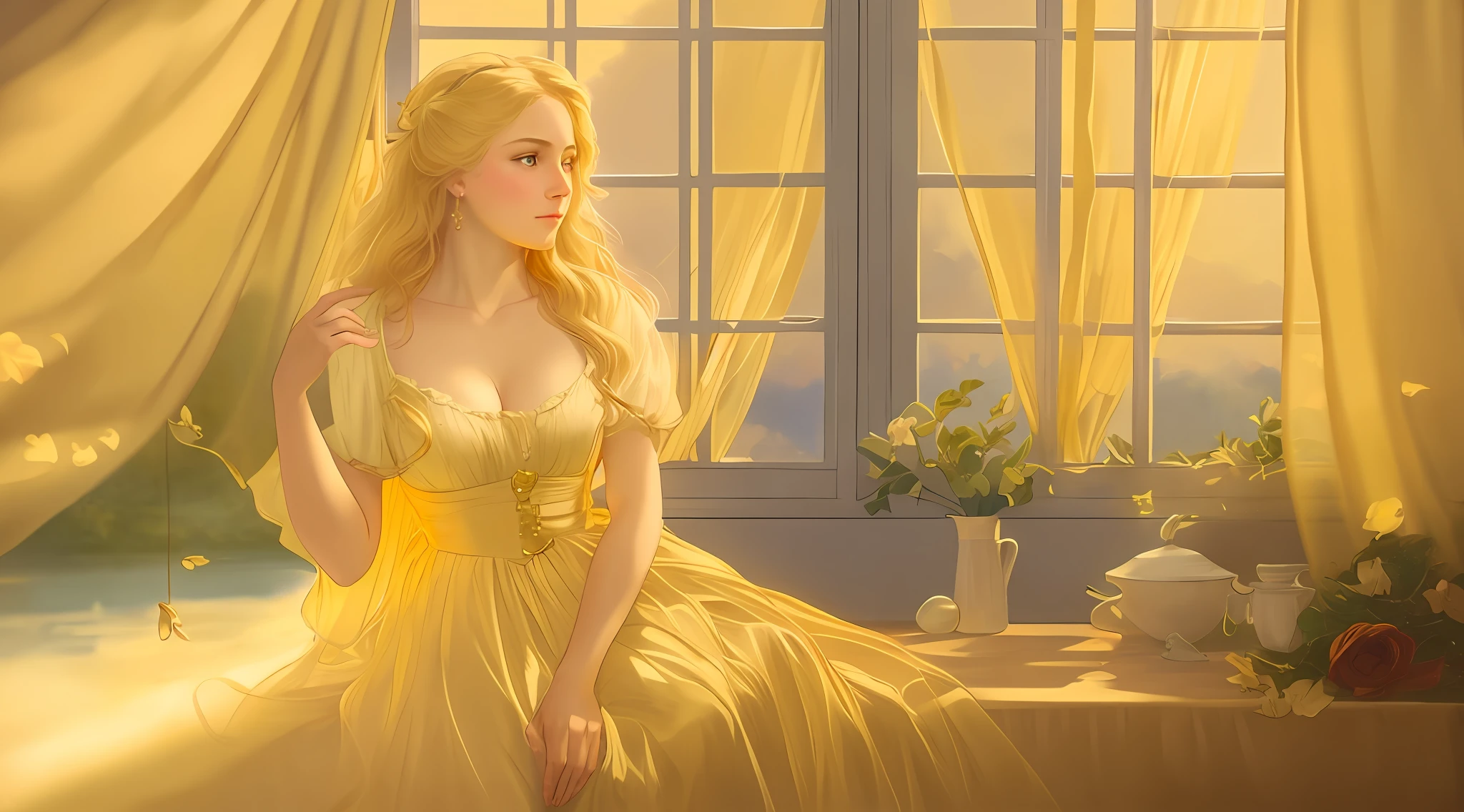 there is a woman with large breasts, sitting in a dress by a window, inspired by Pierre Auguste Cot, bathed in golden light, lovely languid princess, matte painting portrait shot, blonde - haired princess, inspired by Magali Villeneuve, inspired by Alexandre Cabanel, belle, old masters light composition, inspired by Jean-Honoré Fragonard