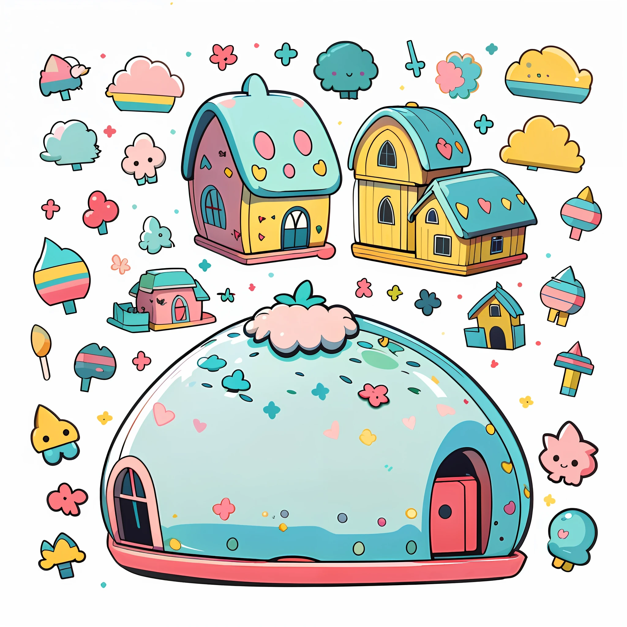 1 sticker, sticker, (candy house), white background, no background, simple background, minimal, cute, tiny, pastel color, vector style, no gradient,