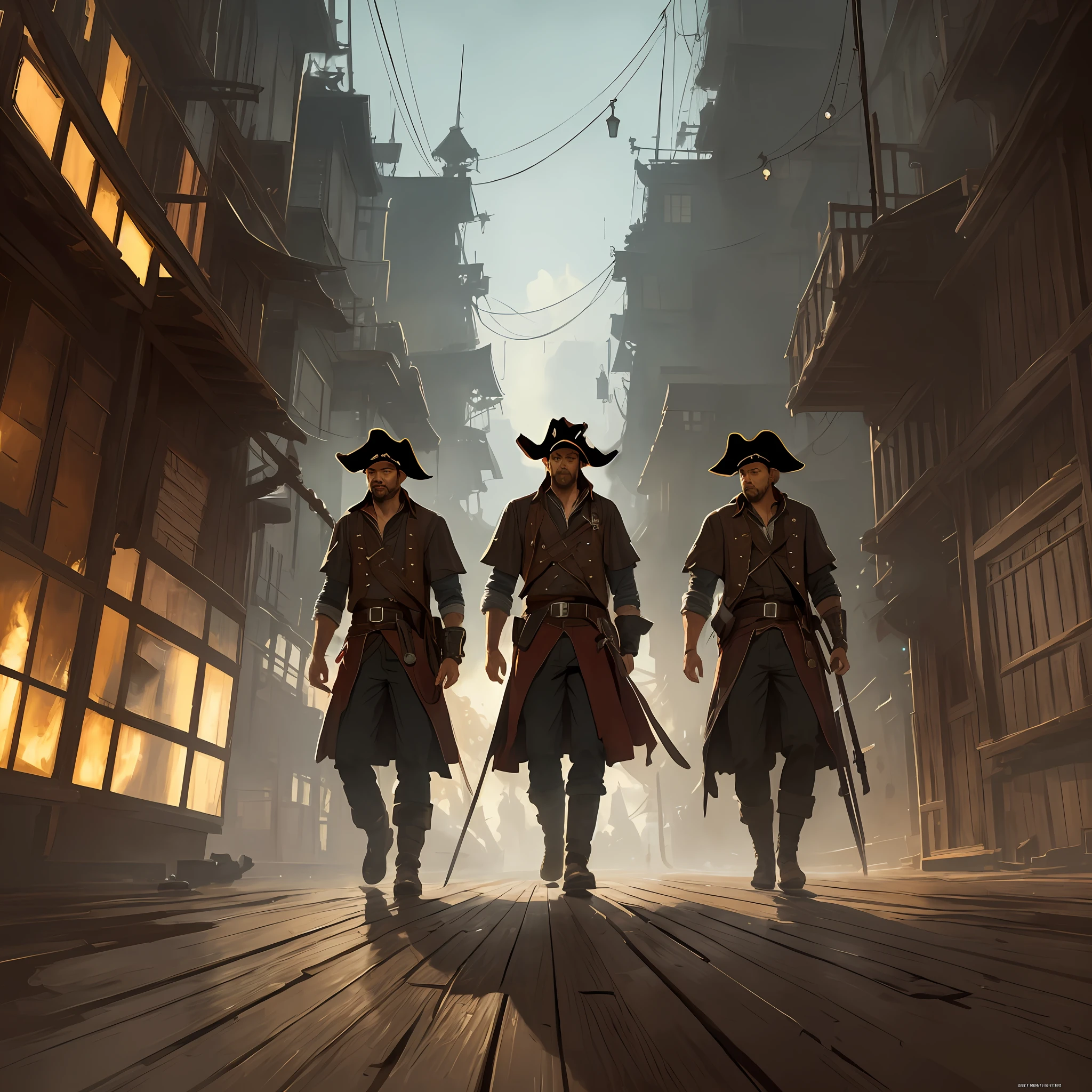 There are four men standing on an old pirate ship together looking at the camera, they are pirates, dressed as pirates, the floor is dark wood, the walls are dark wood, super high resolution, dark dramatic lighting, modelshoot style, (extremely detailed CG unit 8k wallpaper), photo of the most beautiful artwork in the world, majestic professional oil painting by Ed Blinkey, Atey Ghailan, Studio Ghibli, by Jeremy Mann, Greg Manchess, Antonio Moro, trending on ArtStation, trending on CGSociety, Intricate, High Detail, Sharp focus, dramatic, photorealistic painting art by midjourney and greg rutkowski, (brilliantly lit) --auto --s2