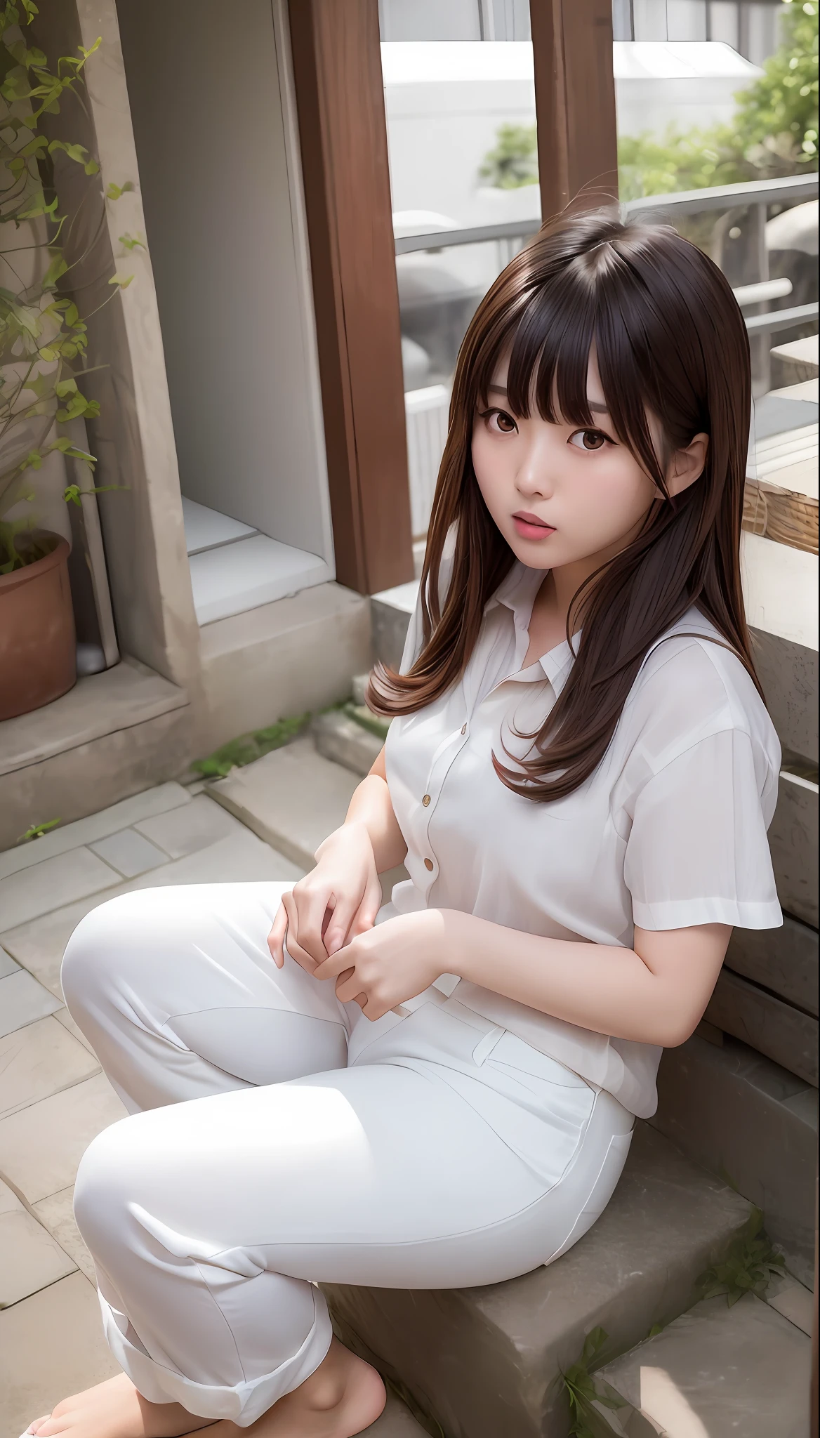 A Japanese girl, 23 years old, brown hair and bangs, bangs hanging down his forehead, detailed eyes, drooping eyes, dreamy, lively appearance, plump lips, slightly open mouth, expressive, wearing a white shirt, sailor pants, (full body: 1.6), masterpiece, 8K,