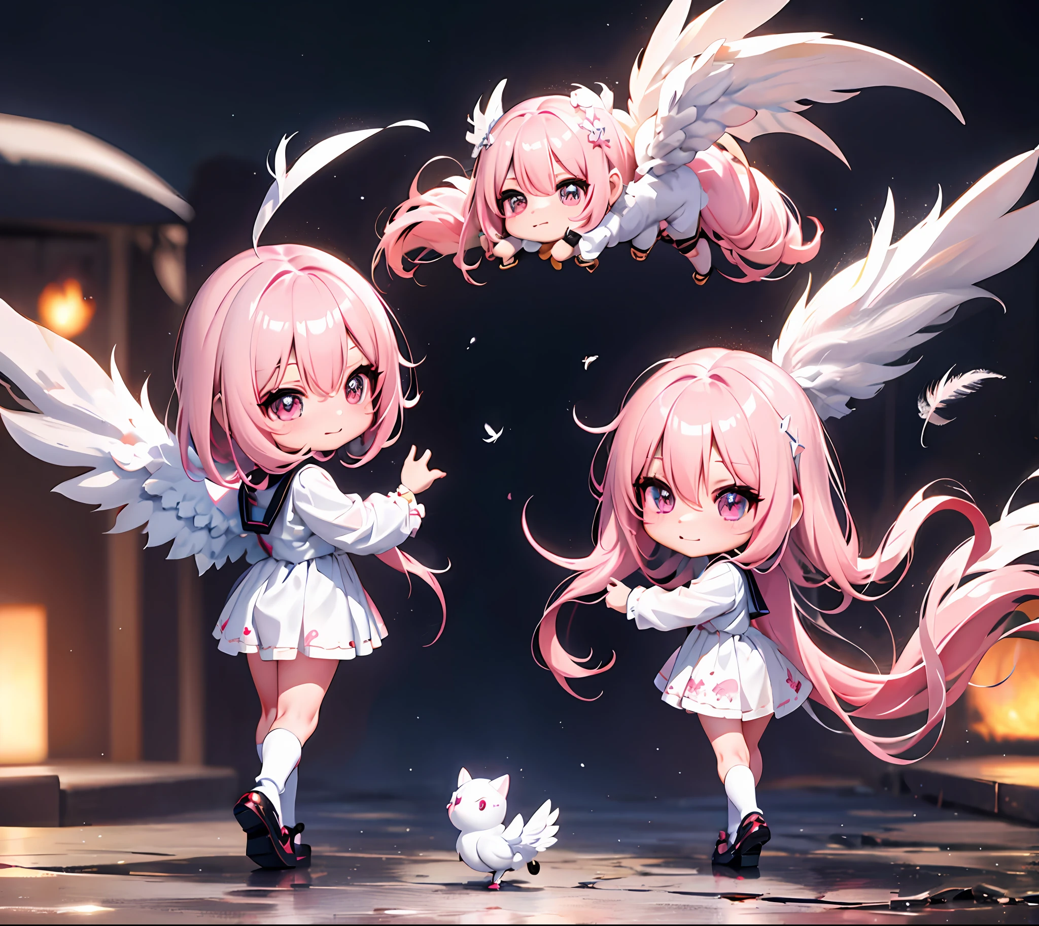 1 anime angel doll, (Chibi: 1.2), 8K high quality detail art, white feathers on the back, pink hair, gradient, twinkle, style as Nendoroid, stylized anime, anime style 4K, cute detailed digital art, Guweiz style artwork, 8K octar rendering photos, advanced digital chibi art, Cute 3d render, anime style, light, glow