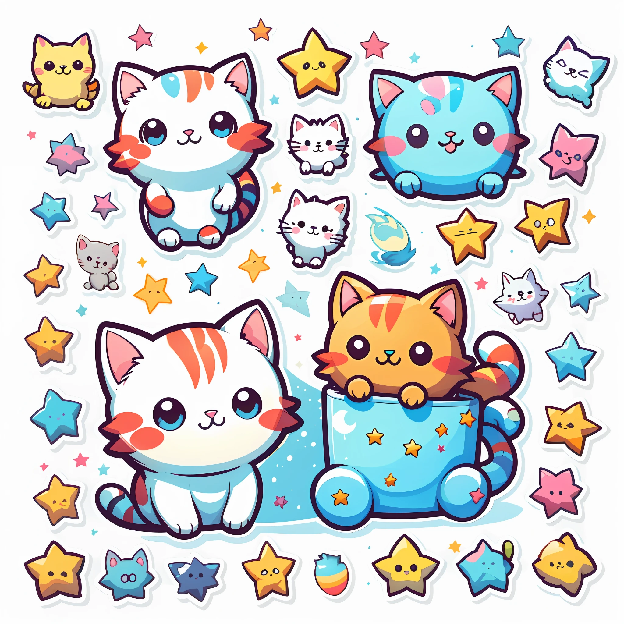 1 sticker, sticker, (cute, cat), stars, white background, no background, simple background, minimal, cute, tiny, pastel color, vector style, no gradient,