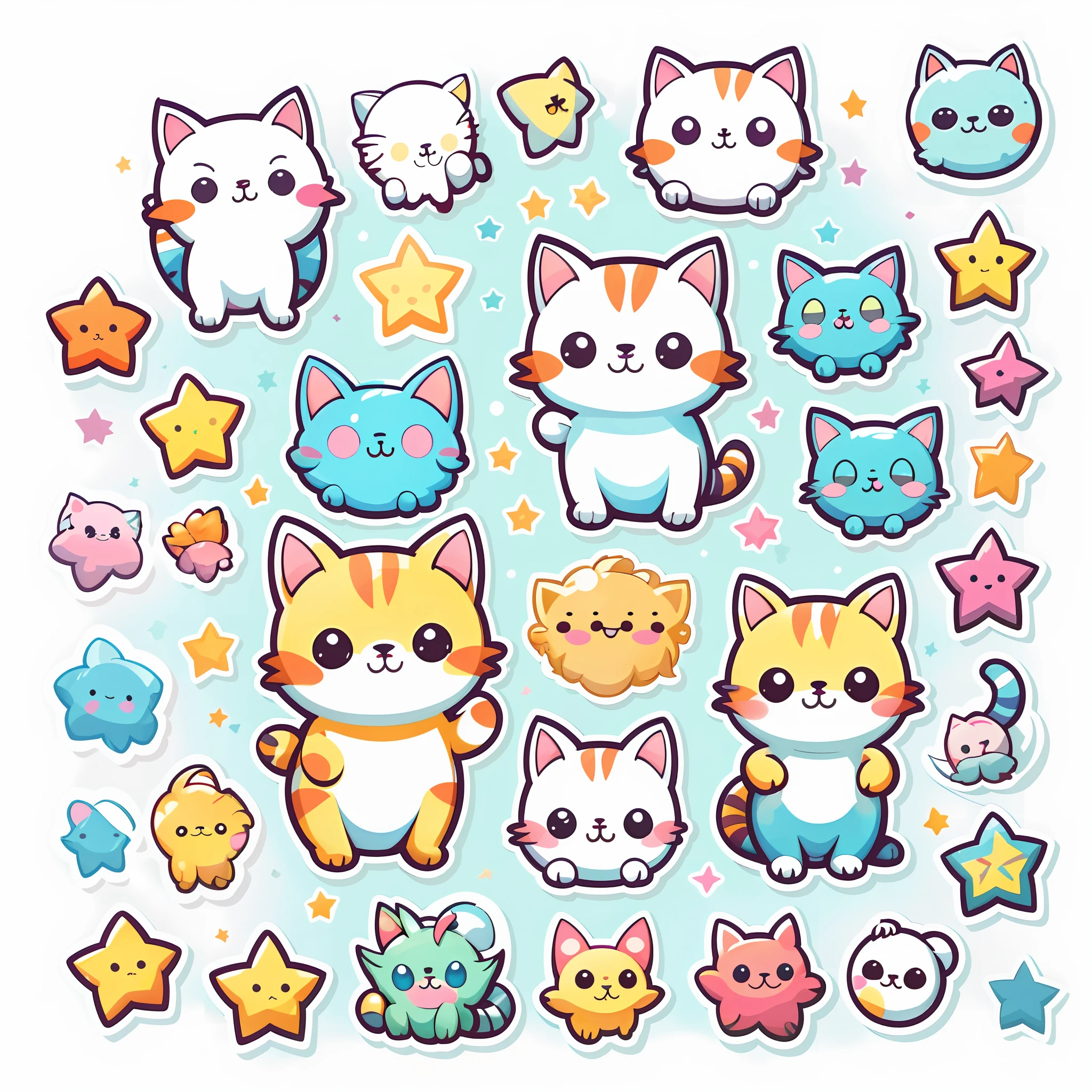 1 sticker, sticker, (cute, cat), stars, white background, no background, simple background, minimal, cute, tiny, pastel color, vector style, no gradient,