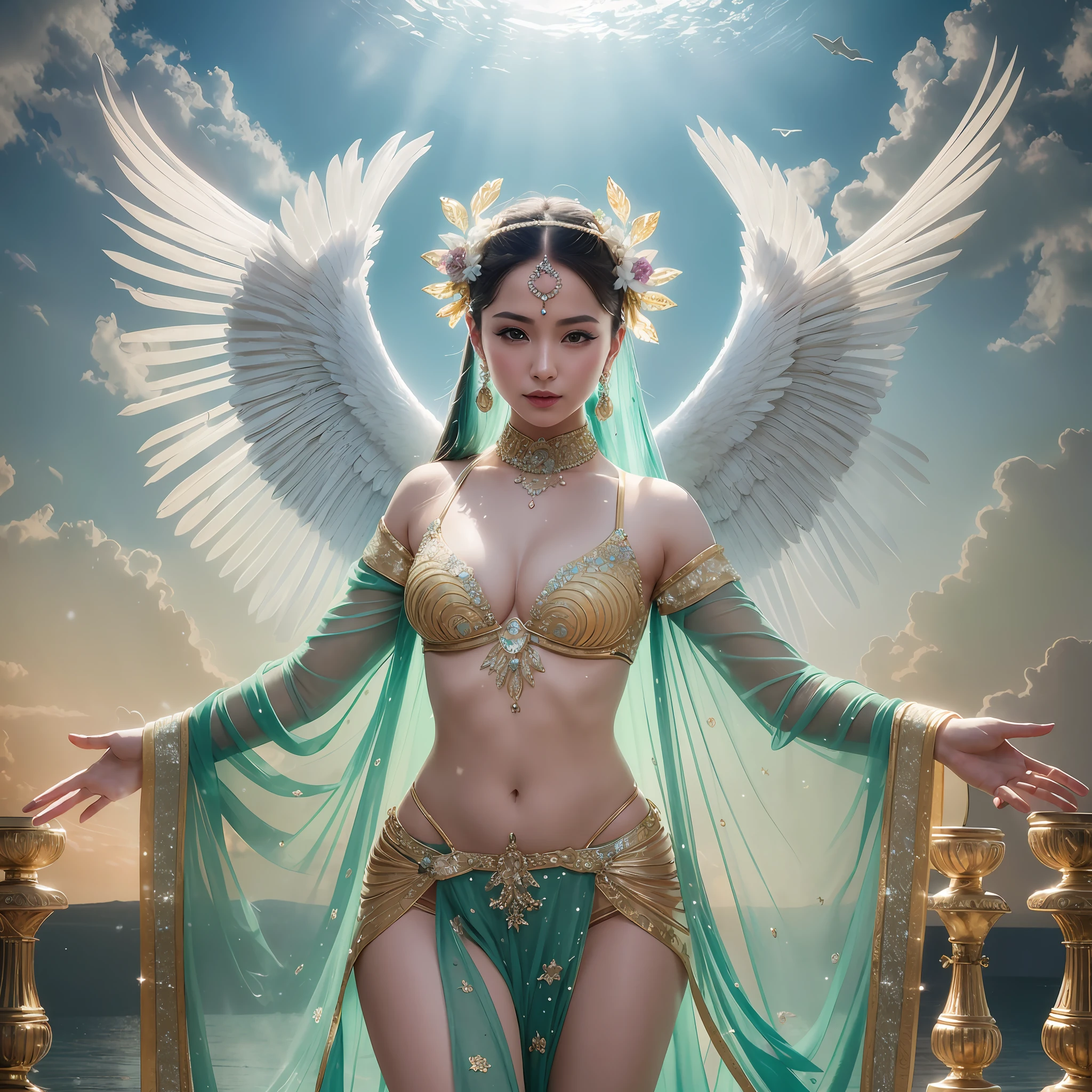 A color photo of a dance performance, beautiful angel face，realitic，set against a backdrop of a heavenly palace in the clouds, next to the Jade Pool. The dancer is wearing an elegant and flowing costume, with long trailing sleeves that resemble feathered wings. The dancer's movements are graceful and fluid, as if she is flying in the sky. The atmosphere is divine and serene. The photo utilizes specific camera settings, including a particular camera model, film type, and lens techniques. A collaboration of creative professionals from various fields will work together to uniquely capture the beauty and magic of the dance