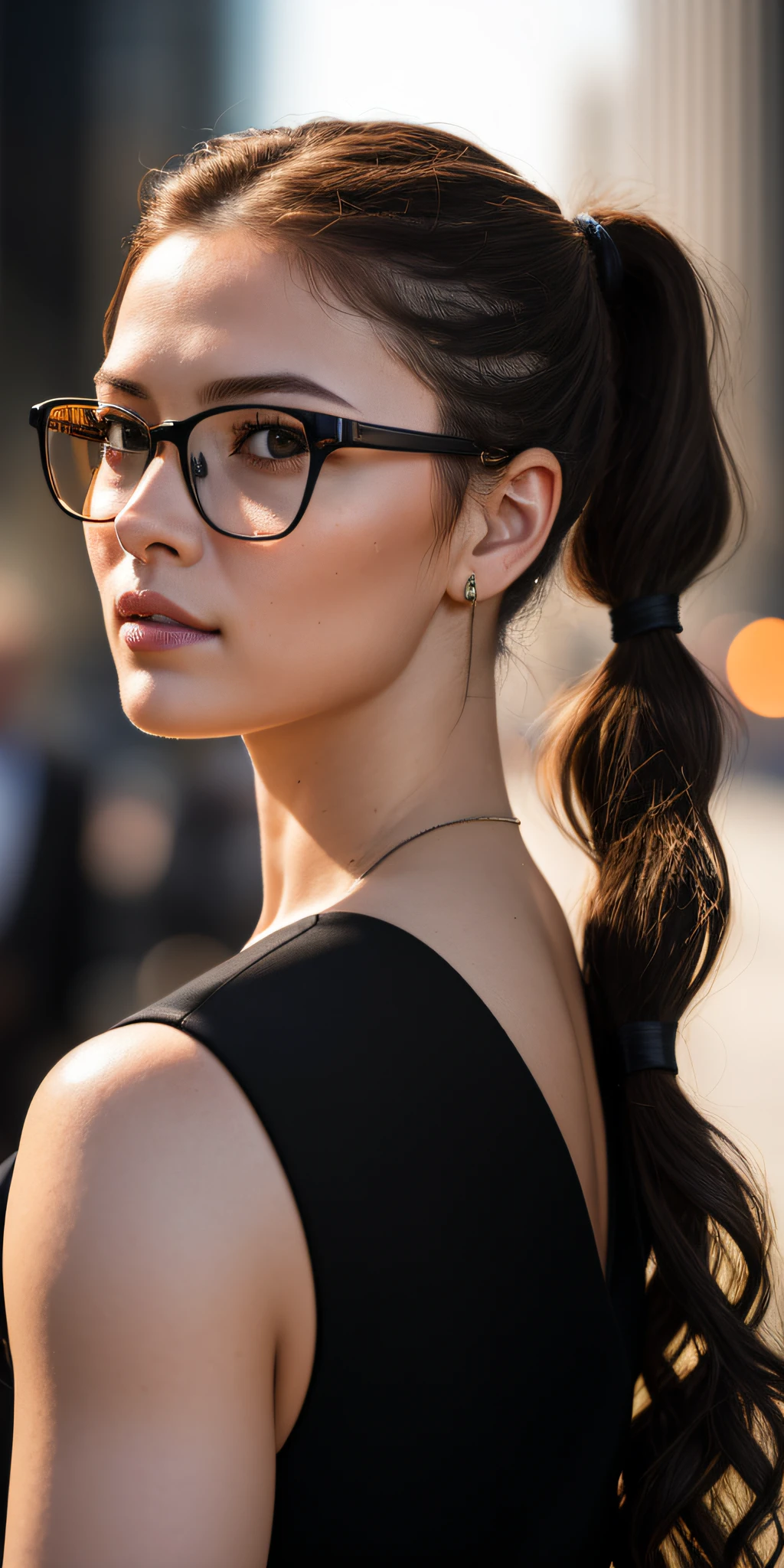 Full face portrait photo of 25 year old European girl, RAW, beautiful woman, semi-open strawberry lip, dimples, wistful expression, (extra long wavy brown hair), ((detailed face)), ((detailed facial features)), (fine detailed skin), pale skin, (detailed black business suit with deep neckline), Cyberpunk megacity environment, (cool colors), wet, damp, reflection, (masterpiece) (perfect proportions) (realistic photos) (highest quality) (detail) shot with Canon EOS R5, 50mm lens, f/2.8, HDR, (8k) (wallpaper) (cinematic lighting) (dramatic lighting) (sharp focus) (complex), raw photos, raw photos, gigachad photos, Camera Pose, Back Arm, 8K UHD, DSLR, High Quality, Grain Film, Fujifilm XT3, Film Stock Photo 4 Kodak Portra 400 Camera F1.6 Lens Rich colors Ultra-realistic textures Dramatic lighting Unreal Engine Art Station Trends Cinestir 800 Tungsten, Toughboy Style, Ultra Focus Face(intimidating, muscular, bursting veins, beads, ((curly black and long, ponytail)), wear glasses, wear a business suit,