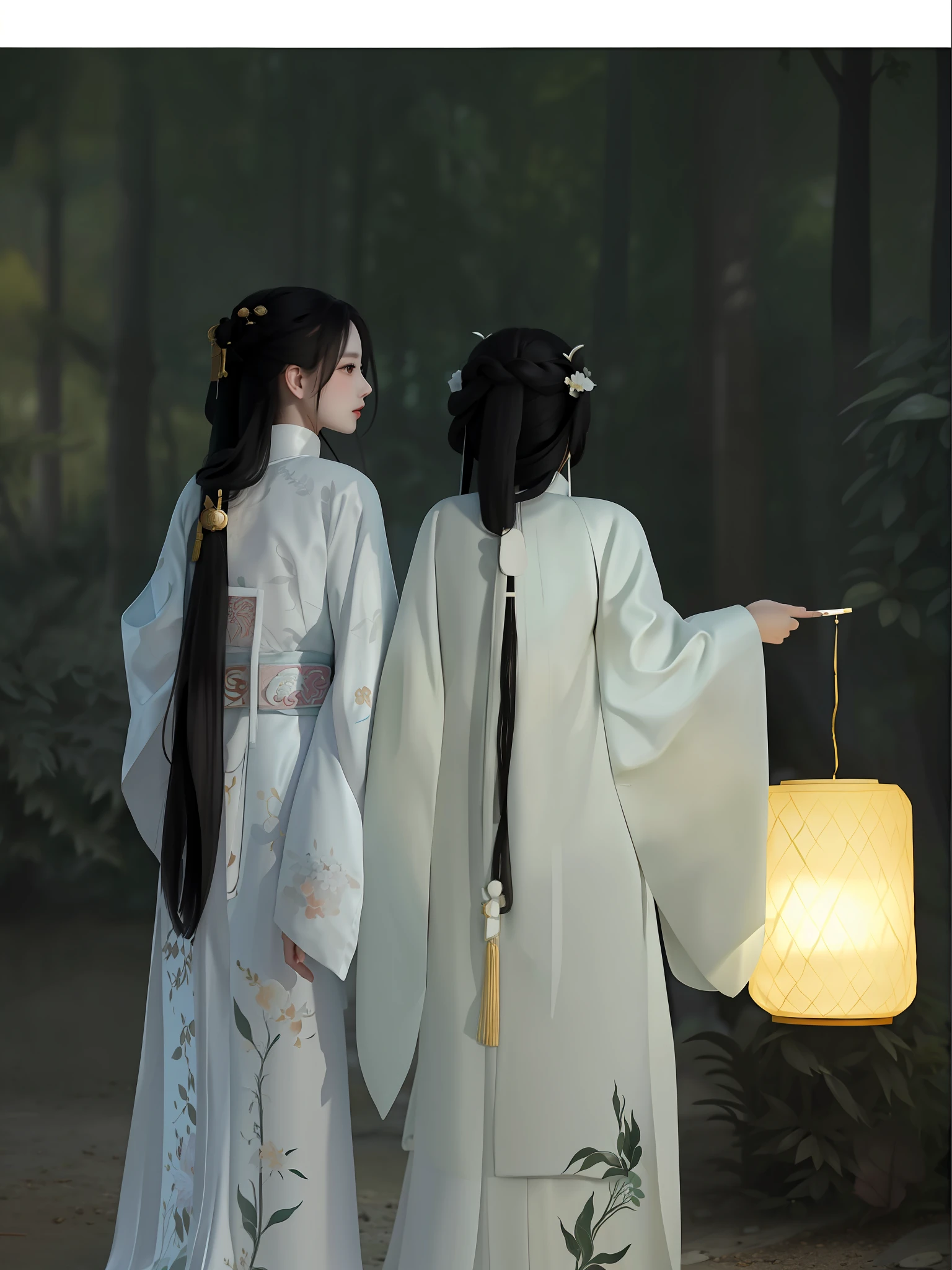 two women in white robes standing next to each other in a forest, white hanfu, hanfu, wearing ancient chinese clothes, flowing white robes, with acient chinese clothes, palace ， a girl in hanfu, traditional chinese clothing, white daoist robes, inspired by Ma Yuan, a still of an ethereal, inspired by Fu Baoshi, flowing robes