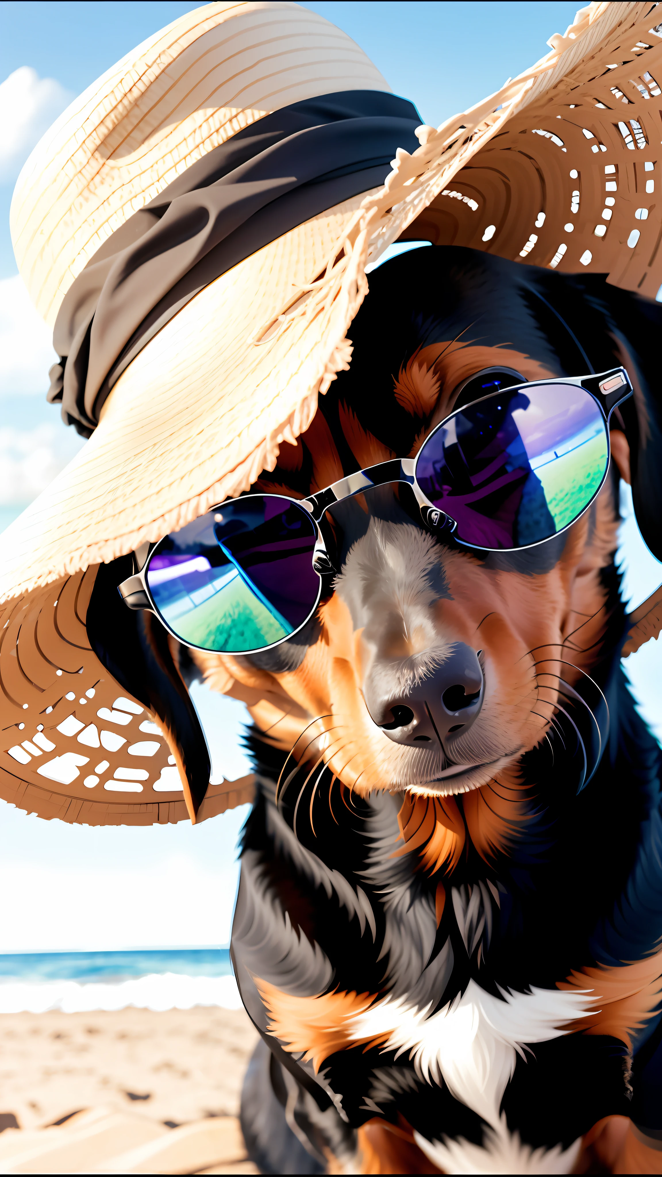 A dachshund, sitting, sitting on the beach, head close-up, happy laughter, straw hat, sunglasses, mismatched pupils, facing the lens, genuine fur, high quality fur, detailed fur details, sea background, sky, clouds, high quality background, high background details, soft sunlight, close up, DSLR camera photography, film graininess, masterpiece, hyper detail, best quality, cinematic lighting, realistic, UHD, ccurate, anatomically correct, high quality, 8k