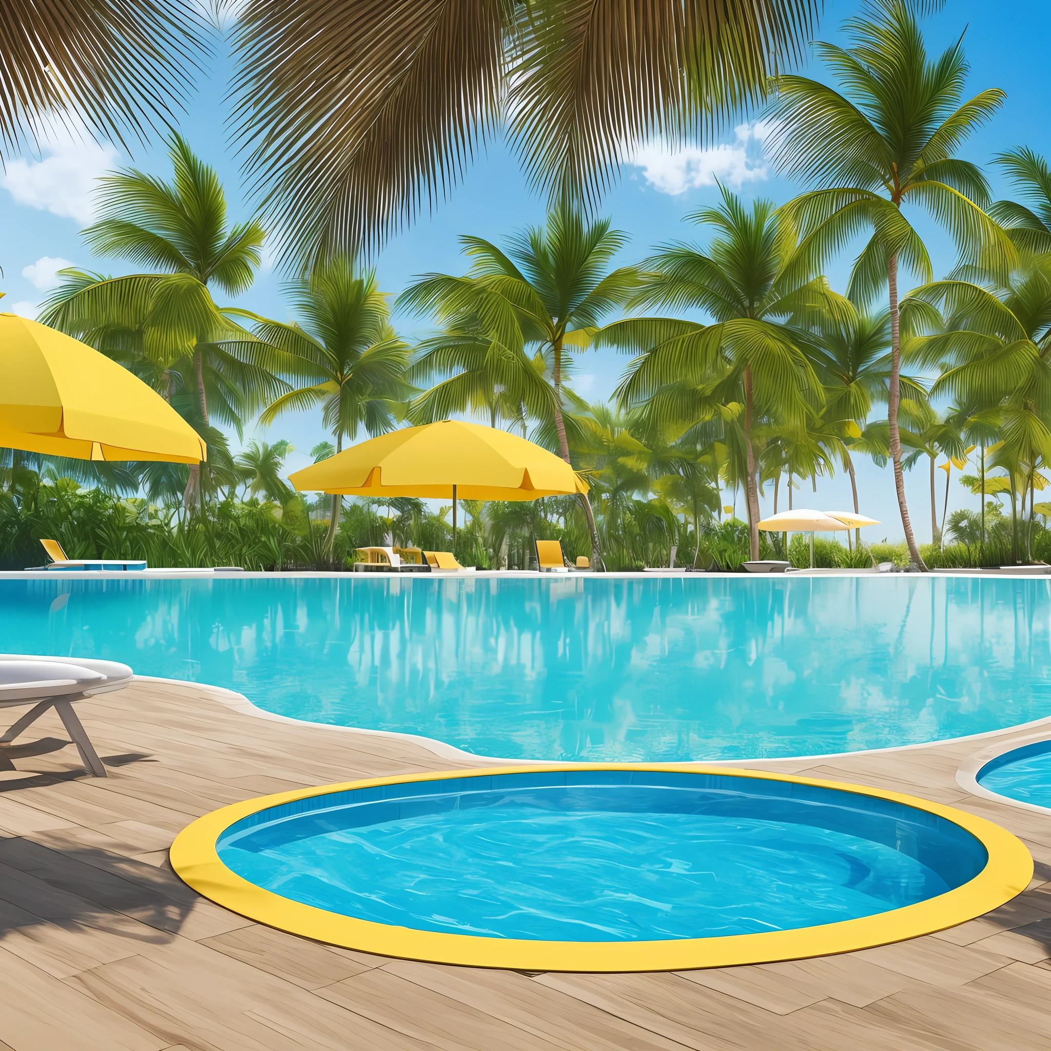 tropical swimming pool, summer, 3d rendering, OC renderer, beach, palm trees, yellow umbrella, yellow swimming ring, 3d illustration --auto --s2