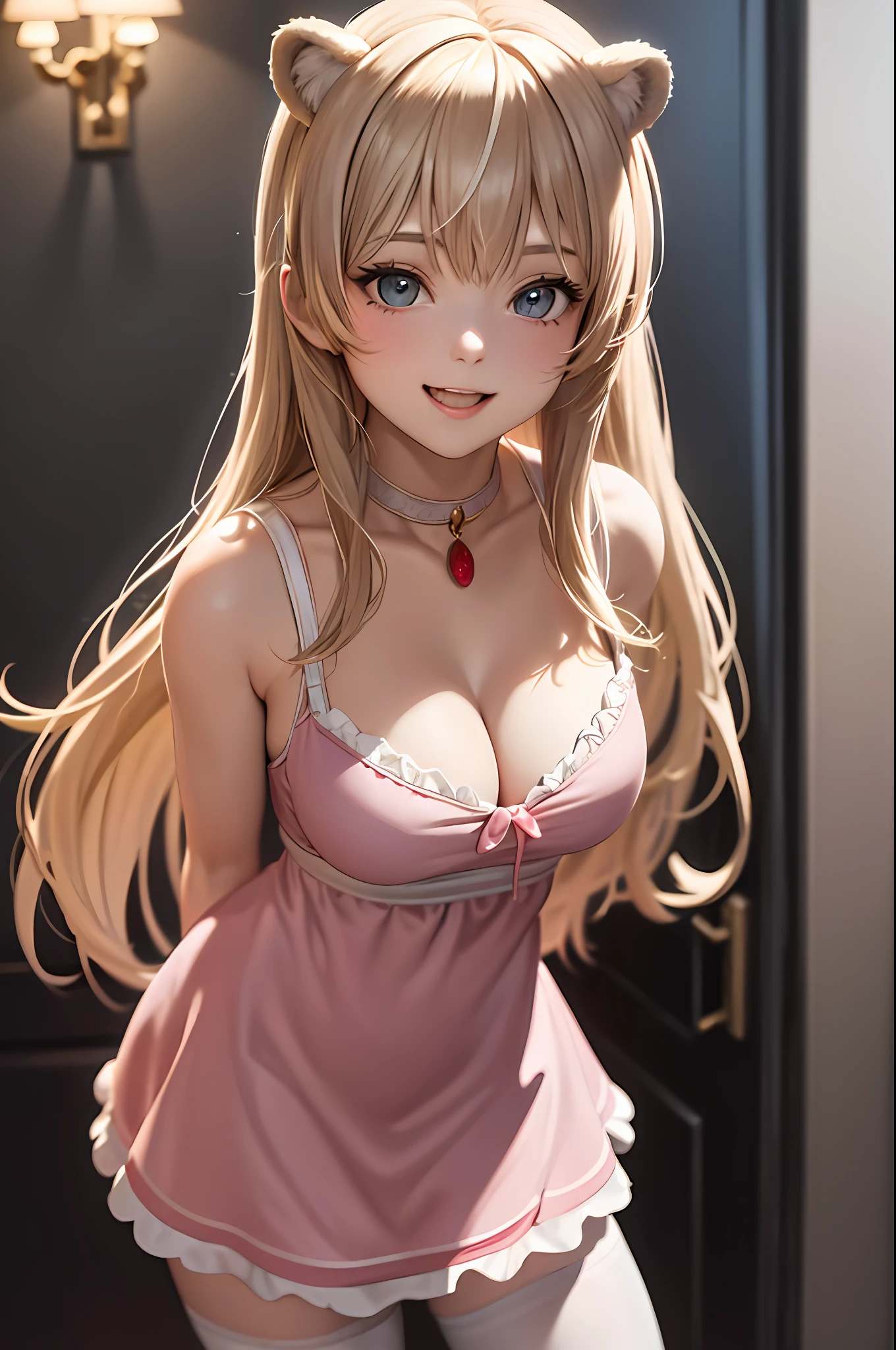 (leaning over:1.4), (masterpiece:1.2, best quality), (real picture, intricate details), 1girl, solo, absurdres, cowboy shot, standing, outdoors, :3, smile, bear girl, bear ears, ((light pink dress)), frills, very detailed dress, white thighhighs, platinum blonde hair, gray blue eyes, long hair, ((red strawberry choker)), smile, open mouth, one fang, large breasts, cleavage, sleeveless dress, arms behind back,