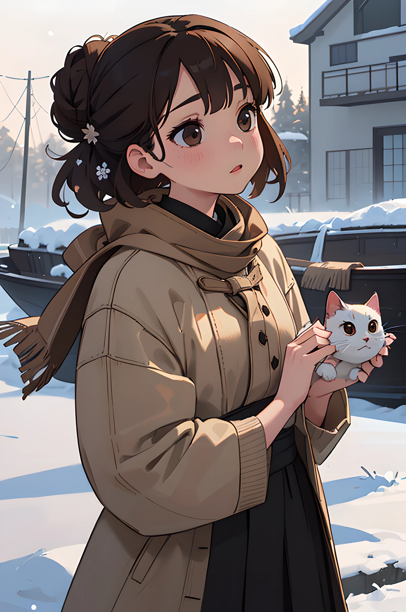 (masterpiece), (portrait), (aesthetic), (beautiful), (upper blody), (high quality), (aesthetic clothings), (professional angle), (rule of thirds), (Feminine), (woman), (female), (beautiful),(feminine features), (21 years), solo, 1 woman, (attractive Japanese), Winter, (Falling Snow), (Night), (Soft light), ((Holding a Cat)), (Hands around the cat), ((Looking downwards Face)), ((Cozy)), (Natural Make-up), (Moderate Bust), (Scarf), ((Medium Hair)), (Dark Brown Hair), (Straight Hair), (Neat Bun hair), (Floral Accessories in the Hair in Hair), (Half-open Eyes), (Brown Eyes), (Serene Look), Fair skin, (Subtle Embellishments Clothing), (Sweater), (Coat), (Skirt ), (Boat Neck Neckline), ((Snowy Landscape background)), (Close-Up Shot),