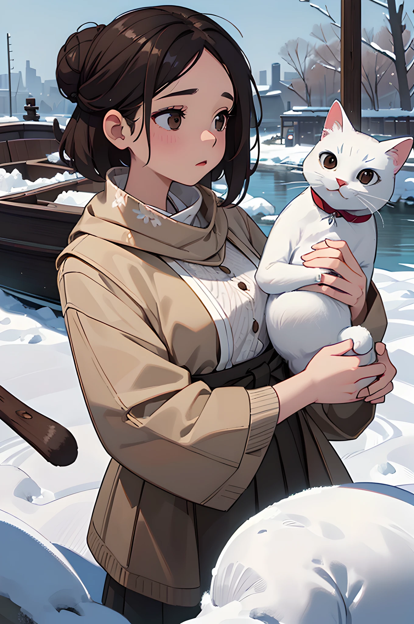 (masterpiece), (portrait), (aesthetic), (beautiful), (upper blody), (high quality), (aesthetic clothings), (professional angle), (rule of thirds), (Feminine), (woman), (female), (beautiful),(feminine features), (21 years), solo, 1 woman, (attractive Japanese), Winter, (Falling Snow), (Night), (Soft light), ((Holding a Cat)), (Hands around the cat), ((Looking downwards Face)), ((Cozy)), (Natural Make-up), (Moderate Bust), (Scarf), ((Medium Hair)), (Dark Brown Hair), (Straight Hair), (Neat Bun hair), (Floral Accessories in the Hair in Hair), (Half-open Eyes), (Brown Eyes), (Serene Look), Fair skin, (Subtle Embellishments Clothing), (Sweater), (Coat), (Skirt ), (Boat Neck Neckline), ((Snowy Landscape background)), (Close-Up Shot),